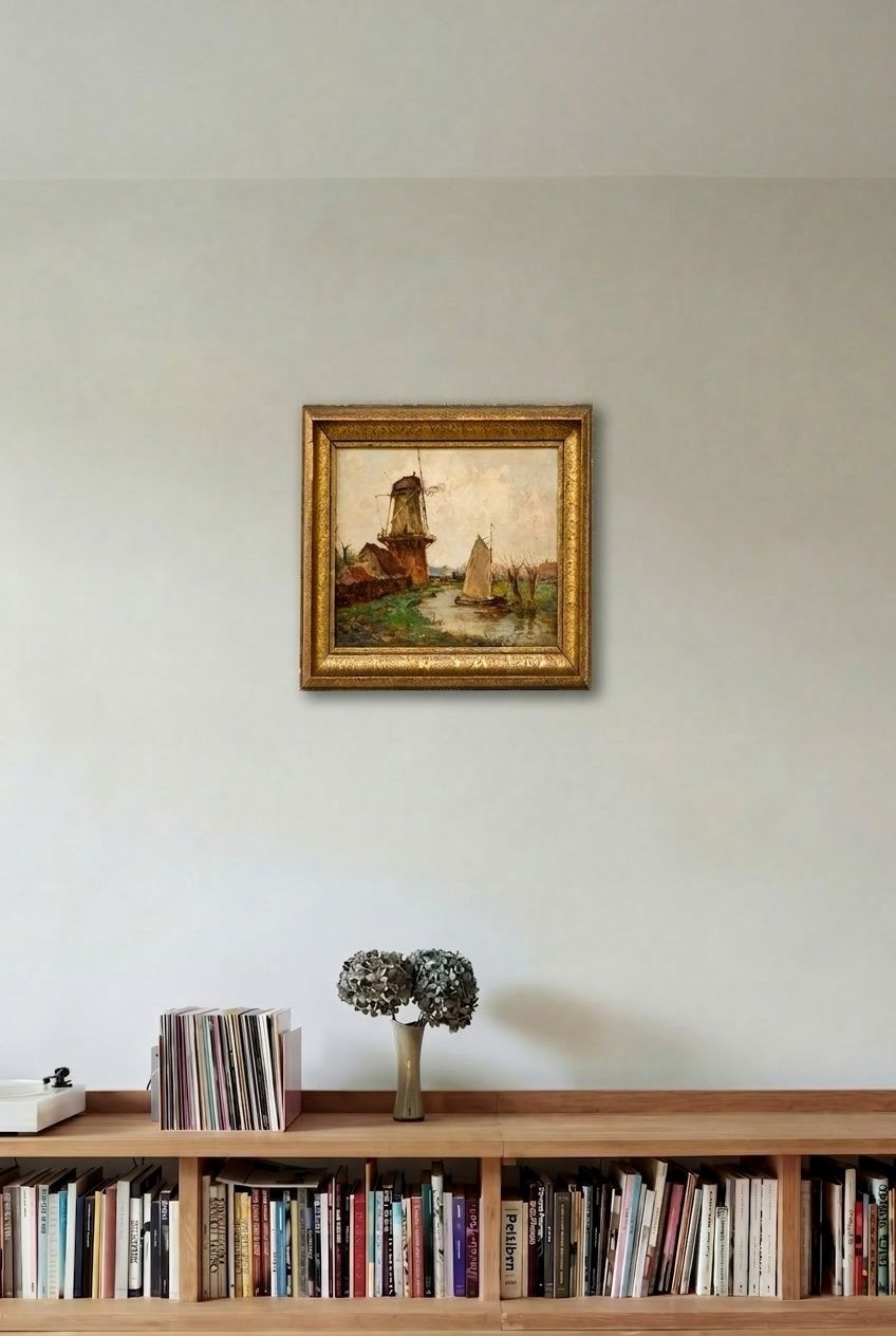 Josef Helmut Schilhabel (1896 1970) Framed Oil, Dutch Mill By The Canal photo for sale