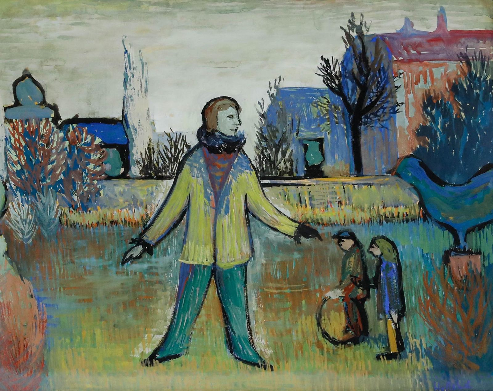 Jan Hofland (B.1937) Framed 20th Century Gouache, Park Games photo furniture
