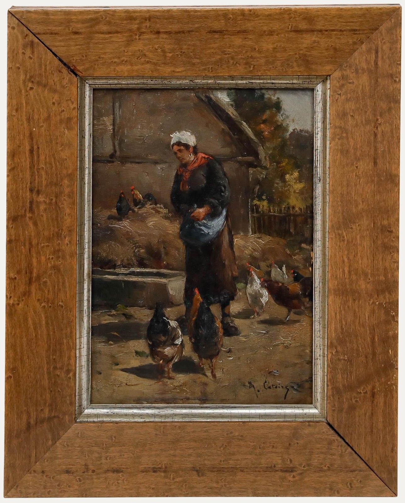 Gustave Albert Catoire (1845 1880) Framed Oil, Feeding The Chickens