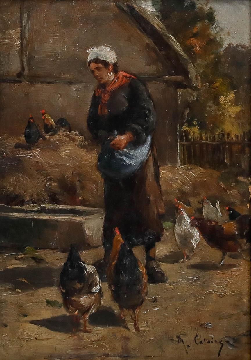 Gustave Albert Catoire (1845 1880) Framed Oil, Feeding The Chickens photo furniture