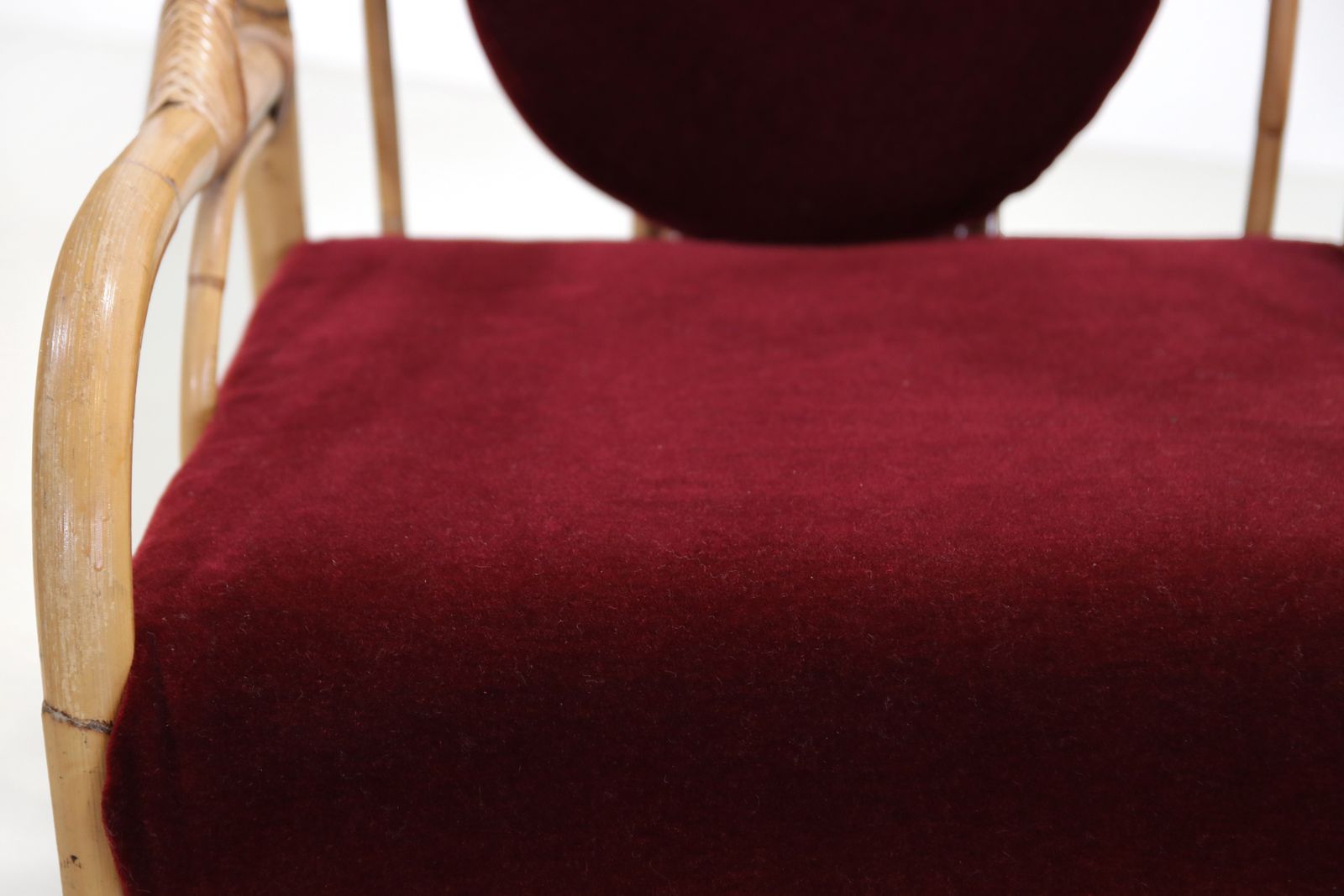 Set Of 2 Bamboo And Rattan Armchairs With Bordeaux Red Mohair photo vinterior