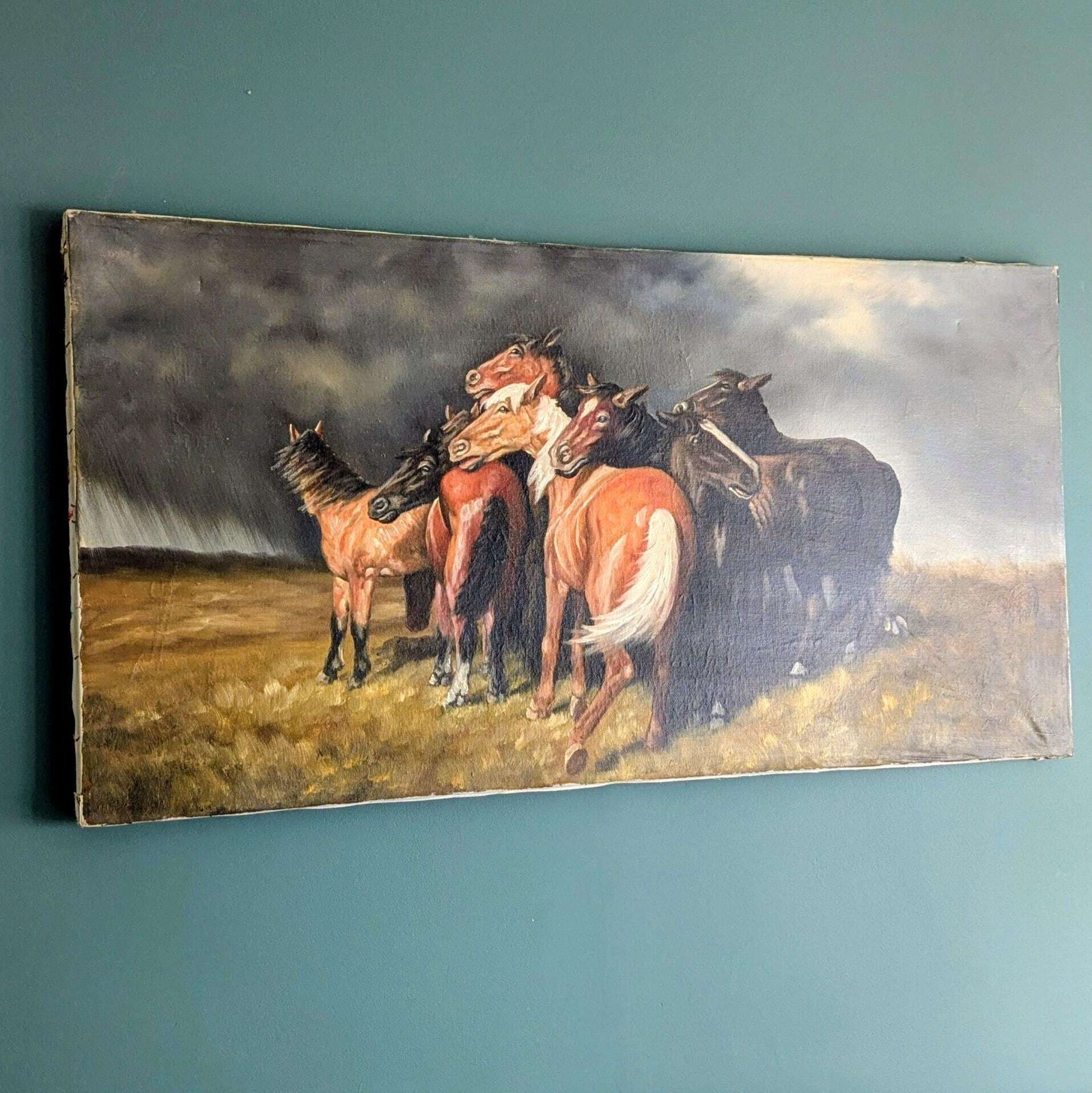 Vintage Large Equestrian Oil Painting On Canvas"The Gathering Storm" photo furniture