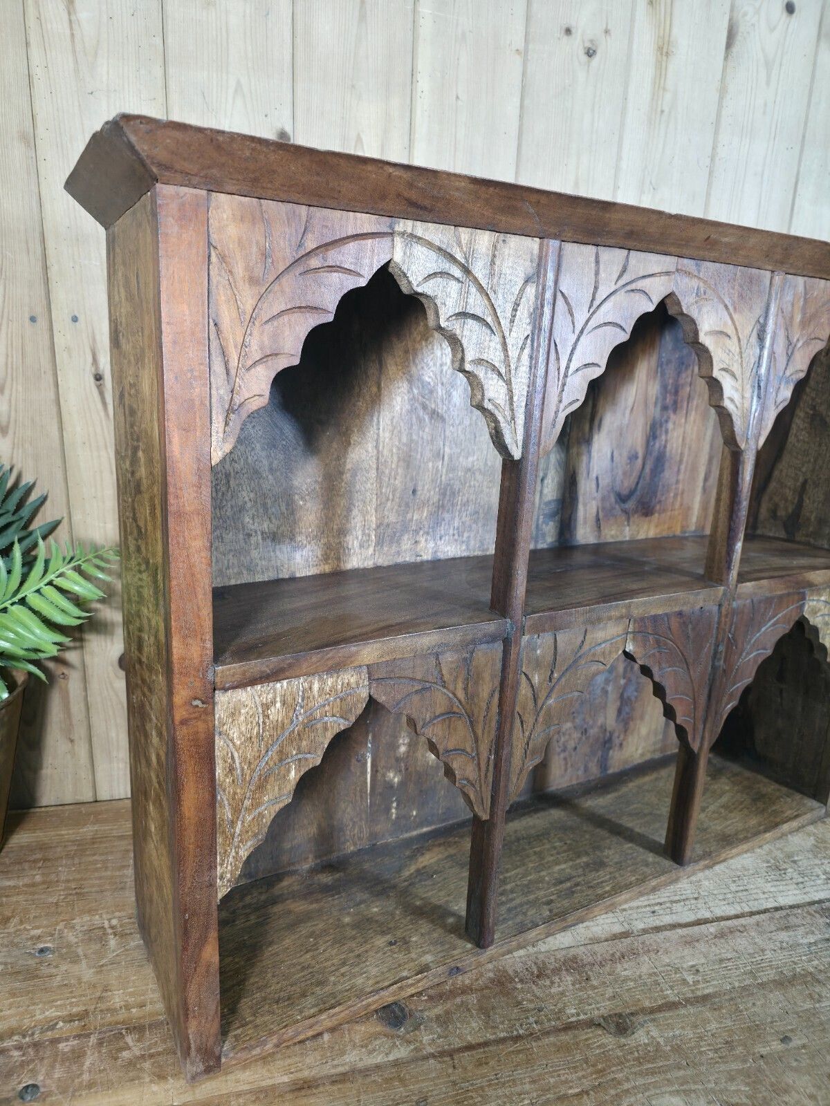 Vintage Reclaimed Indian Carved Wooded Arched Temple Wall Display Shelf Shelves photo for sale