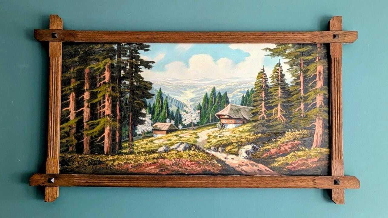 Vintage Large Alpine Landscape Oil Painting | Hand Painted Mountain Chalet Scene photo Art