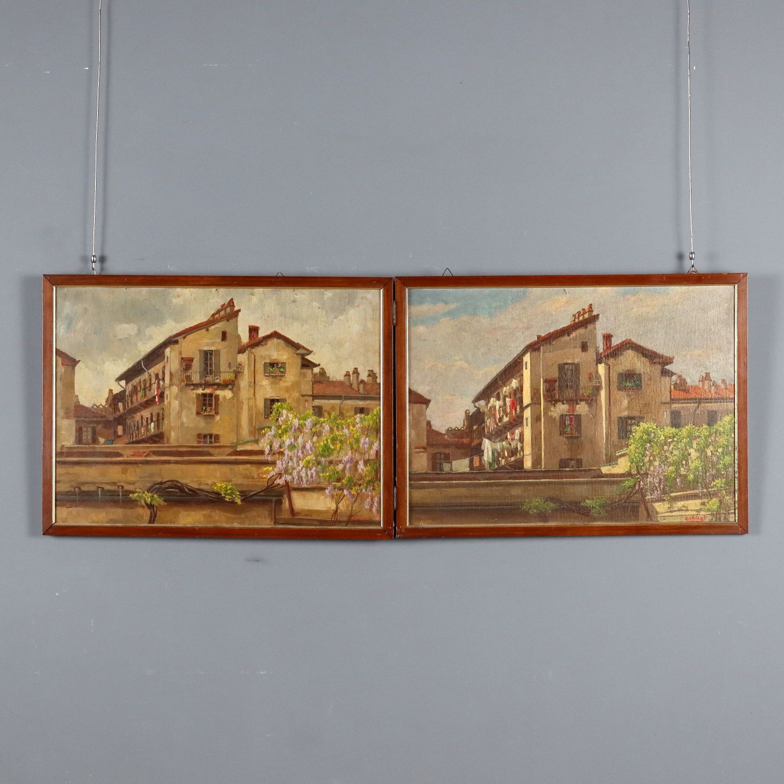 Tableau d'époque signé Giuseppe Viviani, vue de Milan, XXe siècle