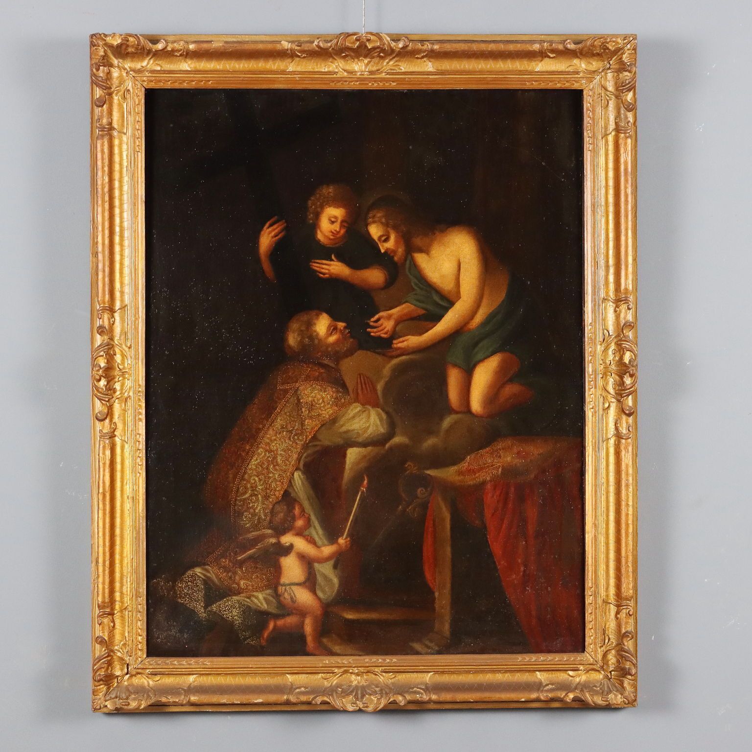Tableau d'époque, évêque en prière recevant la communion du Christ, XVIIe siècle
