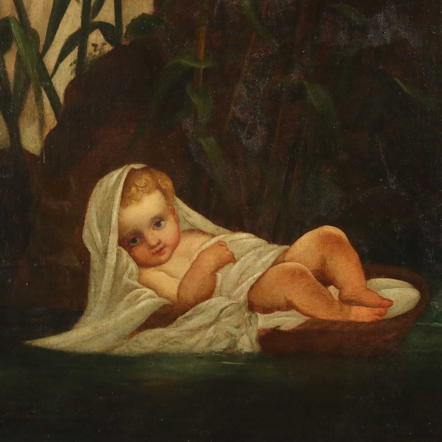 Antique Painting Moses Entrusted To The Waters Of The Nile XX Century photo 600.0