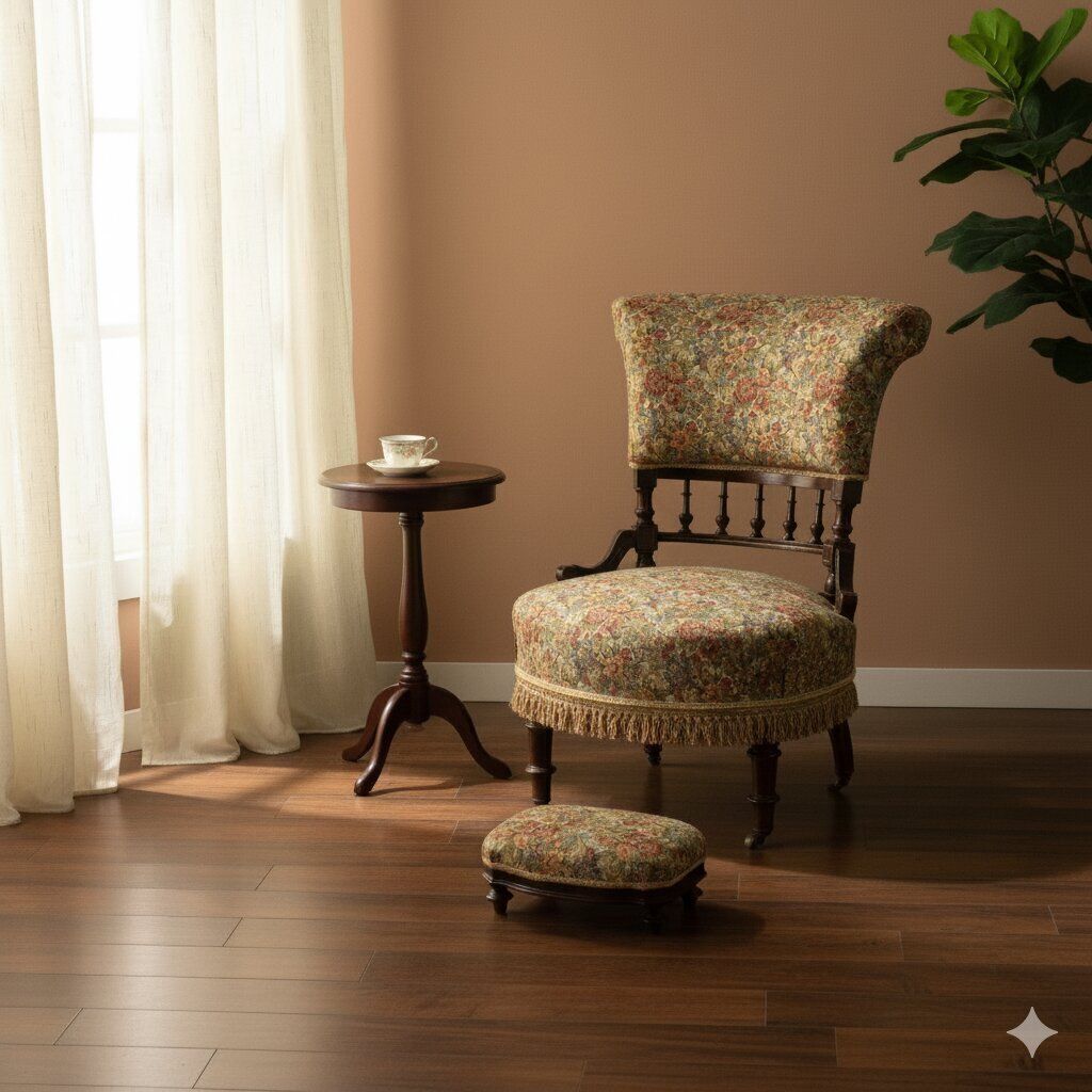 Fauteuil victorien avec pouf en tissu, Angleterre, XIXe siècle photo furniture
