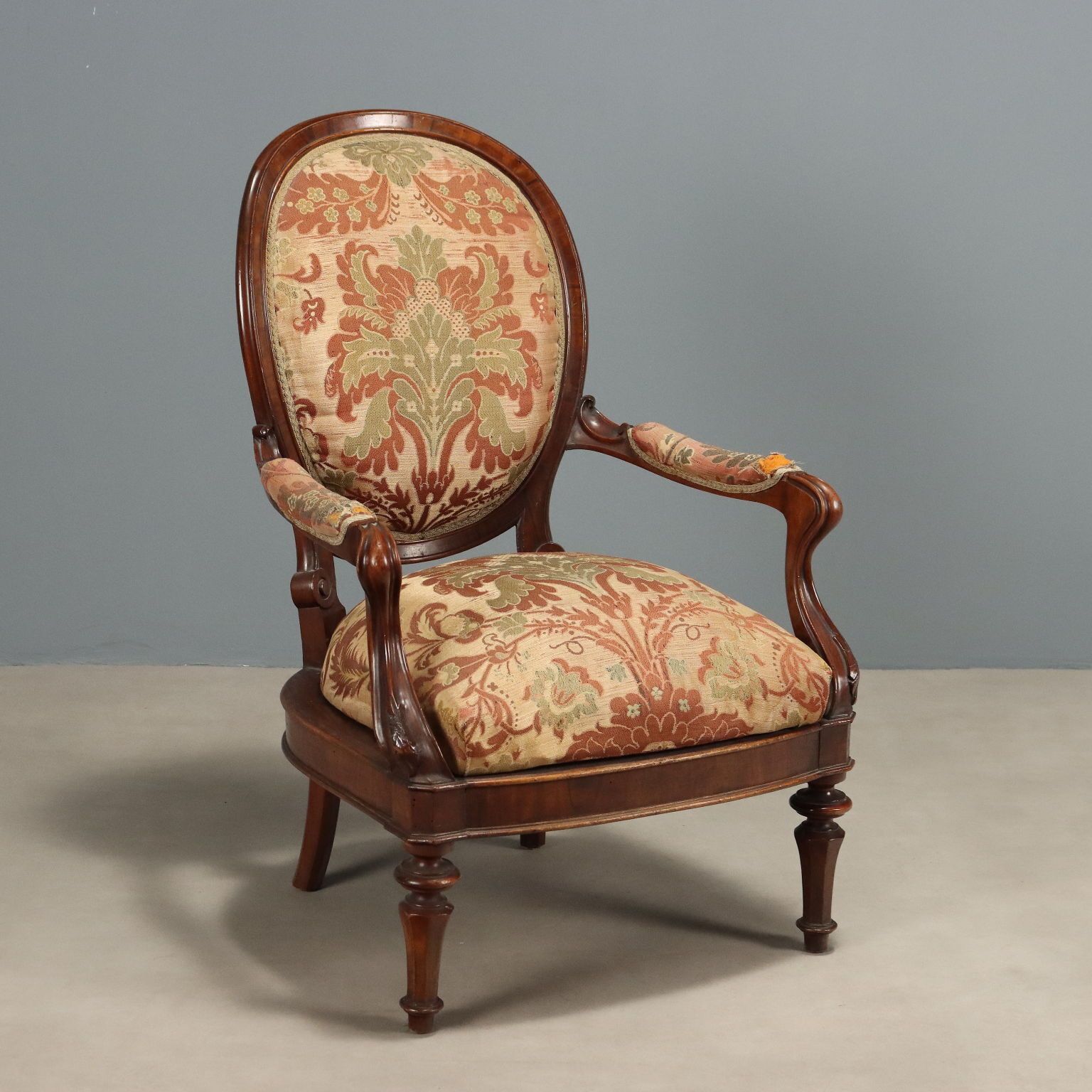 Antieke fauteuil Louis-Philippe walnoot stof Italië 19e eeuw