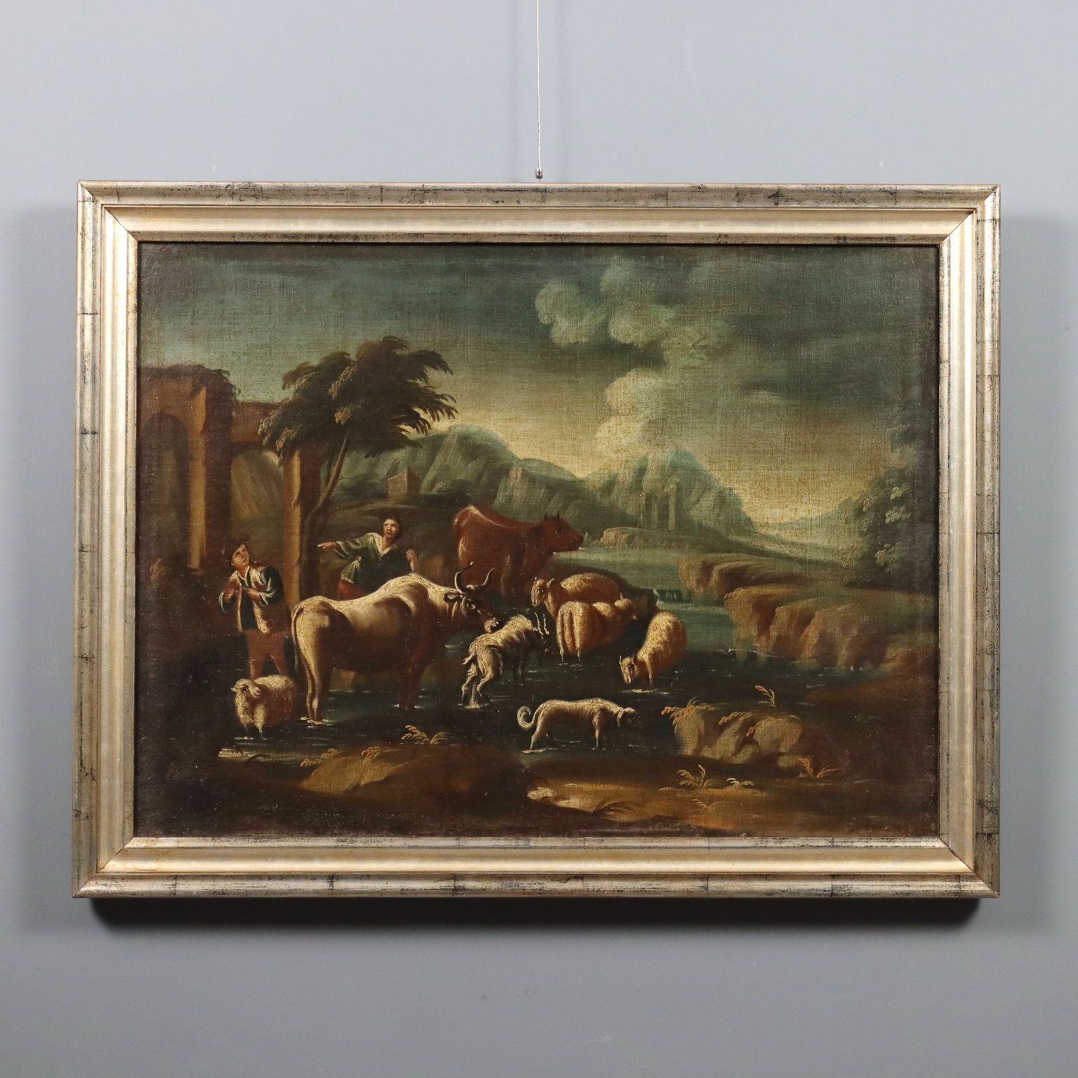 Antique Painting Landscape With Shepherds And Herds XVIII Century