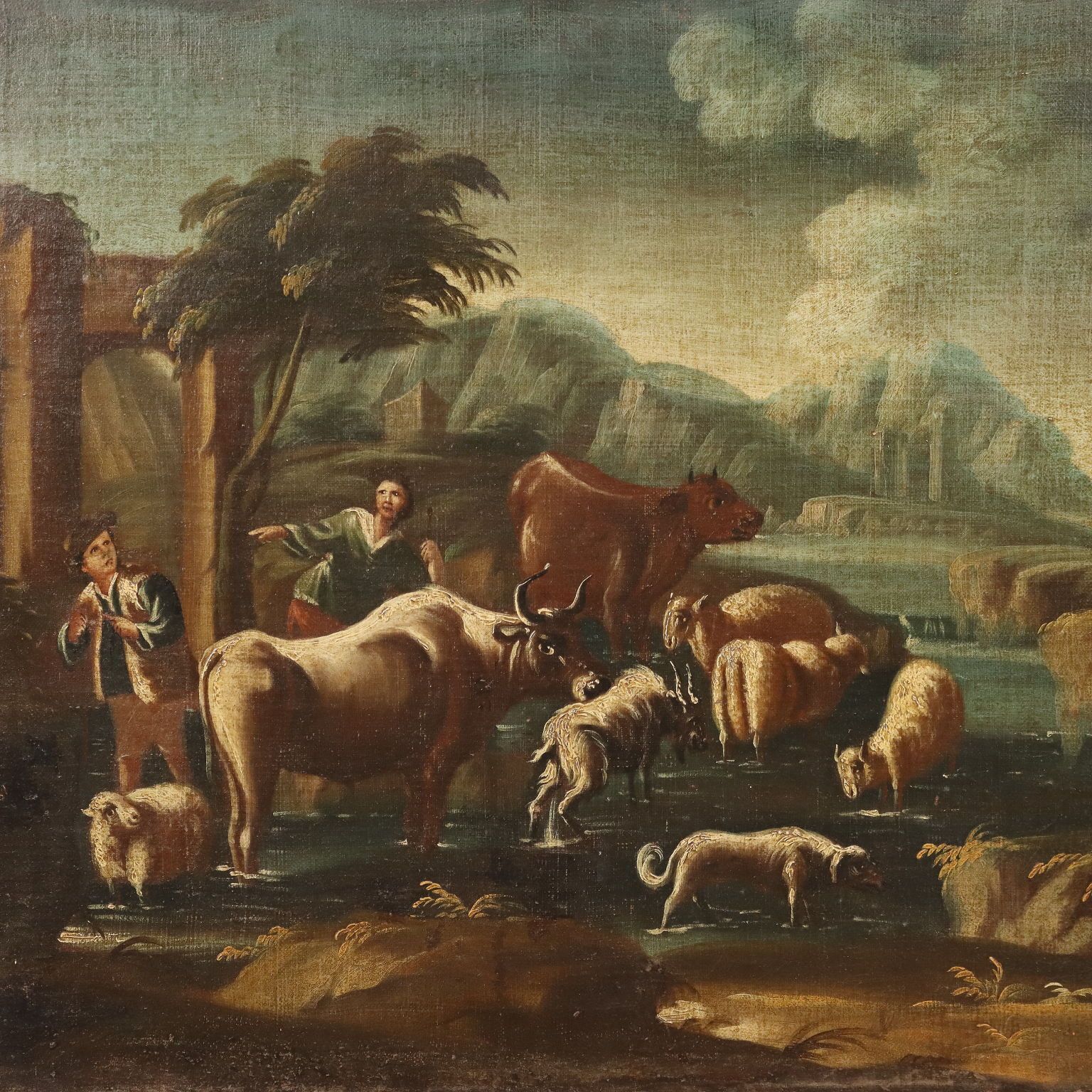 Antique Painting Landscape With Shepherds And Herds XVIII Century photo for sale