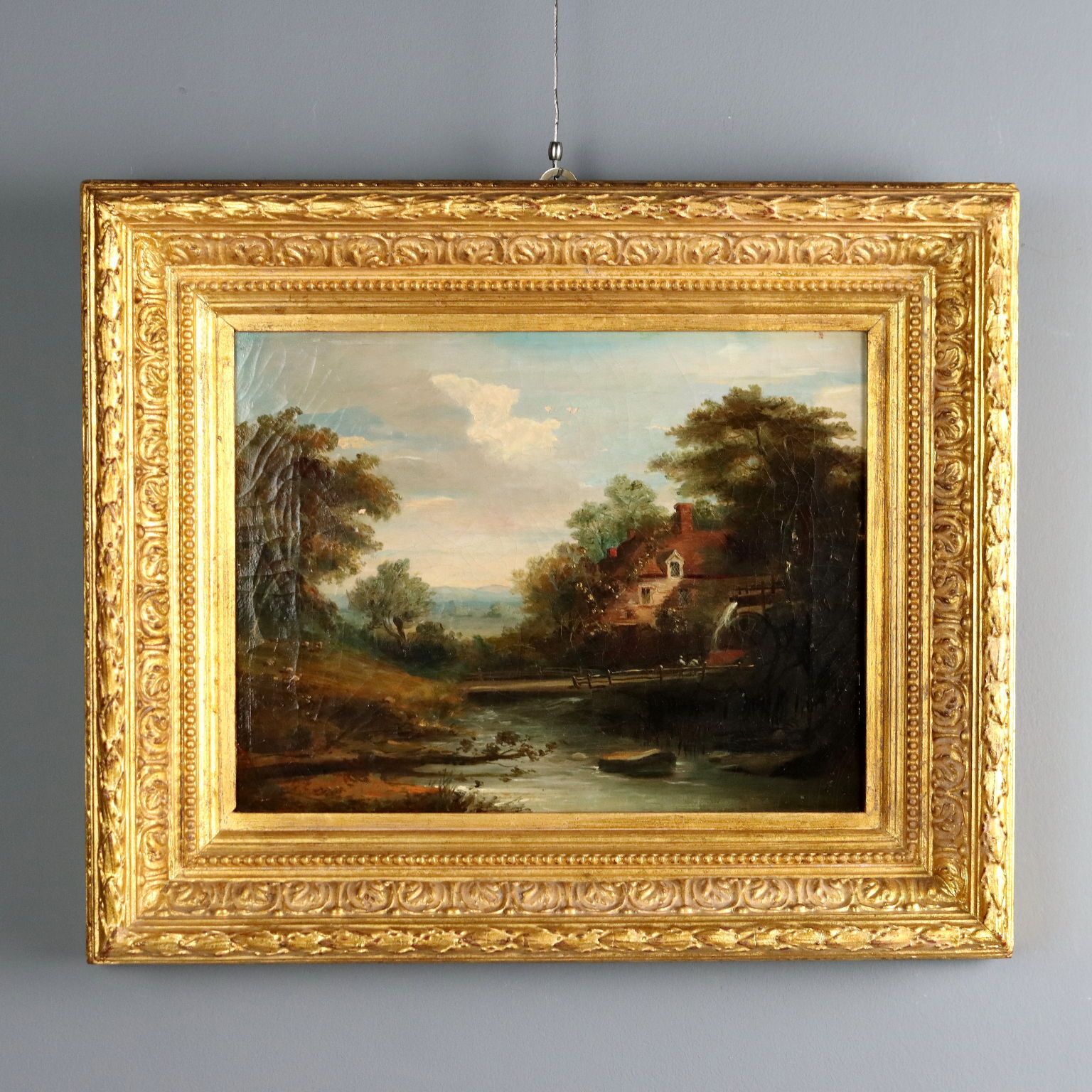 Antique Painting Landscape With Mill Oil On Canvas XIX Century