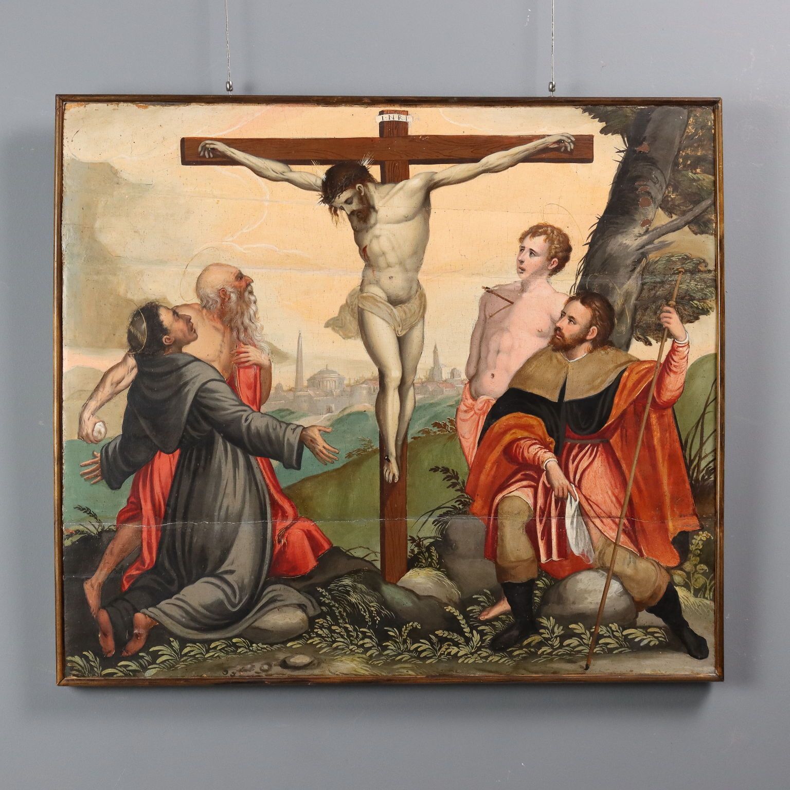 Tableau d'époque, Christ en croix avec saints, huile sur panneau, XVIe siècle