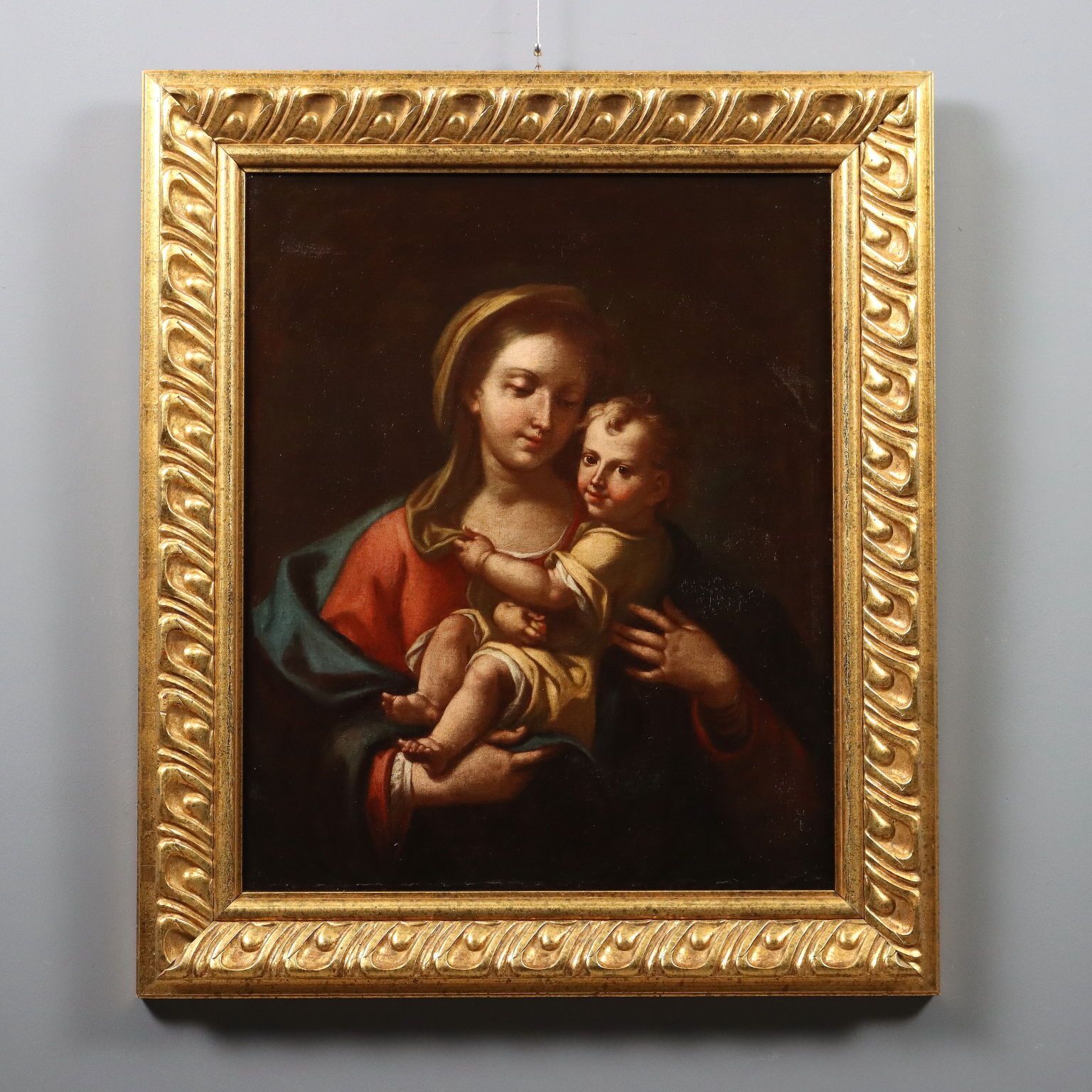 Antique Painting Virgin Mary With Child Oil On Canvas XVII Century