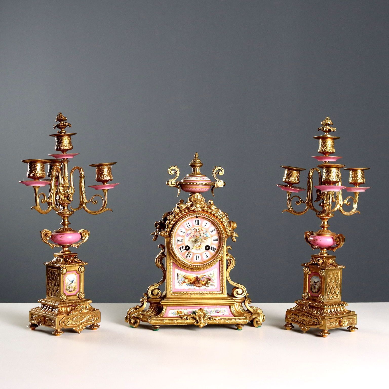 Antique Tryptich Clock Gilded Bronze Porcelain France XIX Century