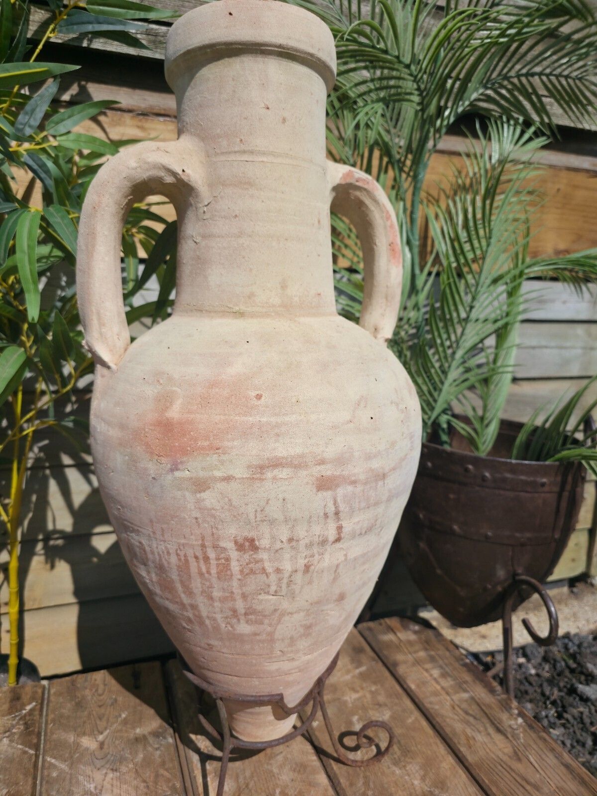 Large Rustic Mediterranean Terracotta Greek Roman Amphora Urn On Stand photo for sale