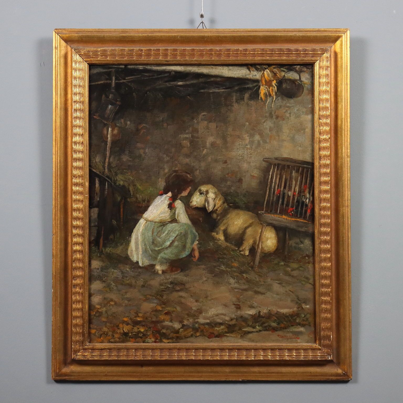 Peinture moderne signée Cesare Laurenti, La Petite Fille et les Moutons