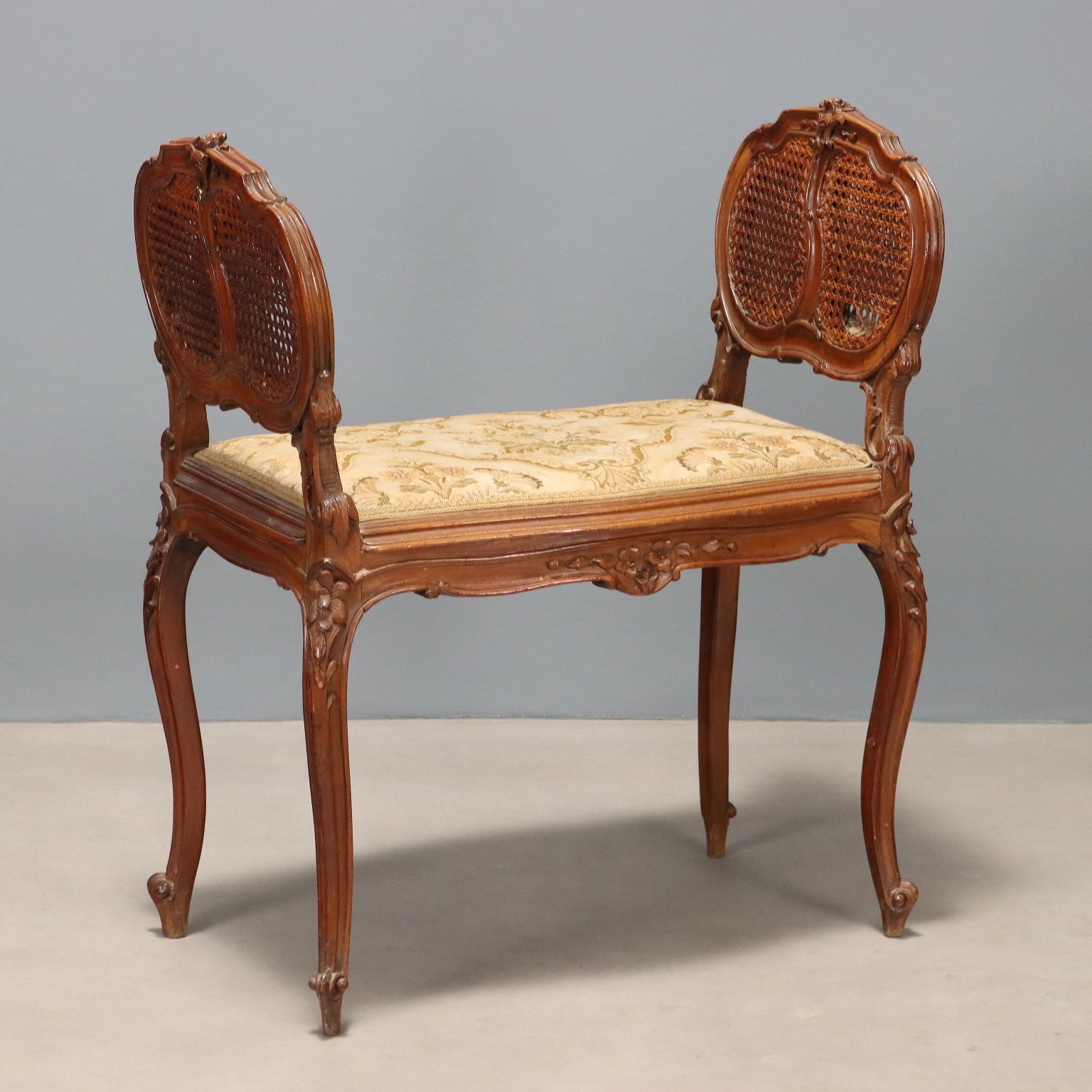Bench Baroque Style Walnut Fabric Italy XIX Century