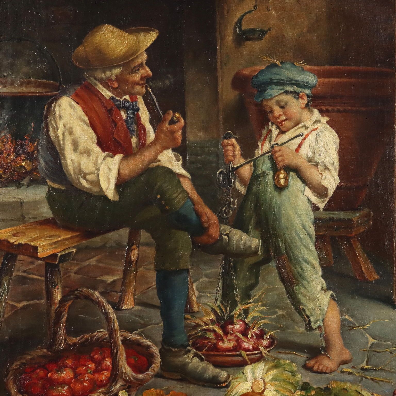 Antique Painting Signed A. Dumini Preparing For The Market XIX Century photo for sale