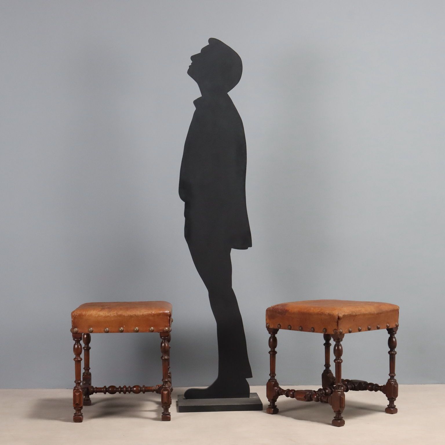 Stools Neo Baroque Walnut Leather Italy XIX Century photo for sale