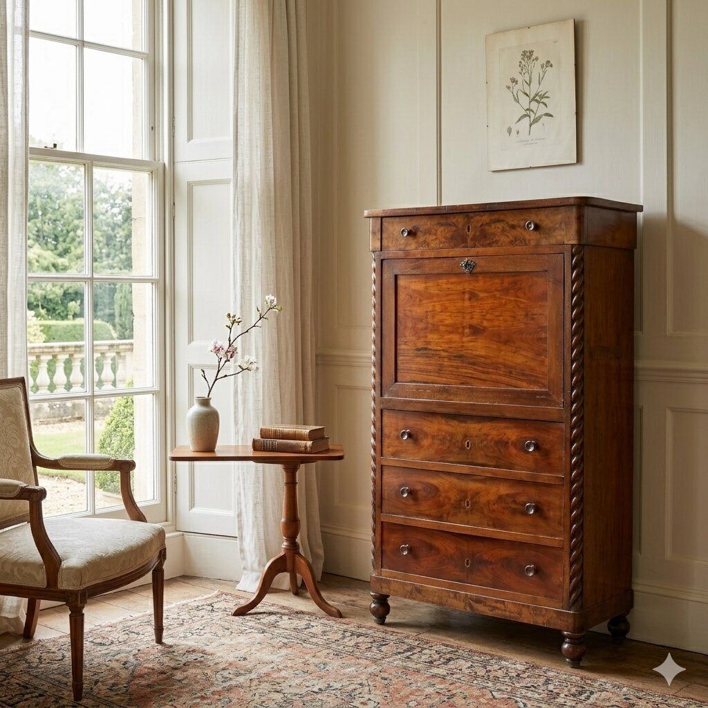 Antiek Secrétaire Mahonie Leer Lade Italië 19e Eeuw photo furniture