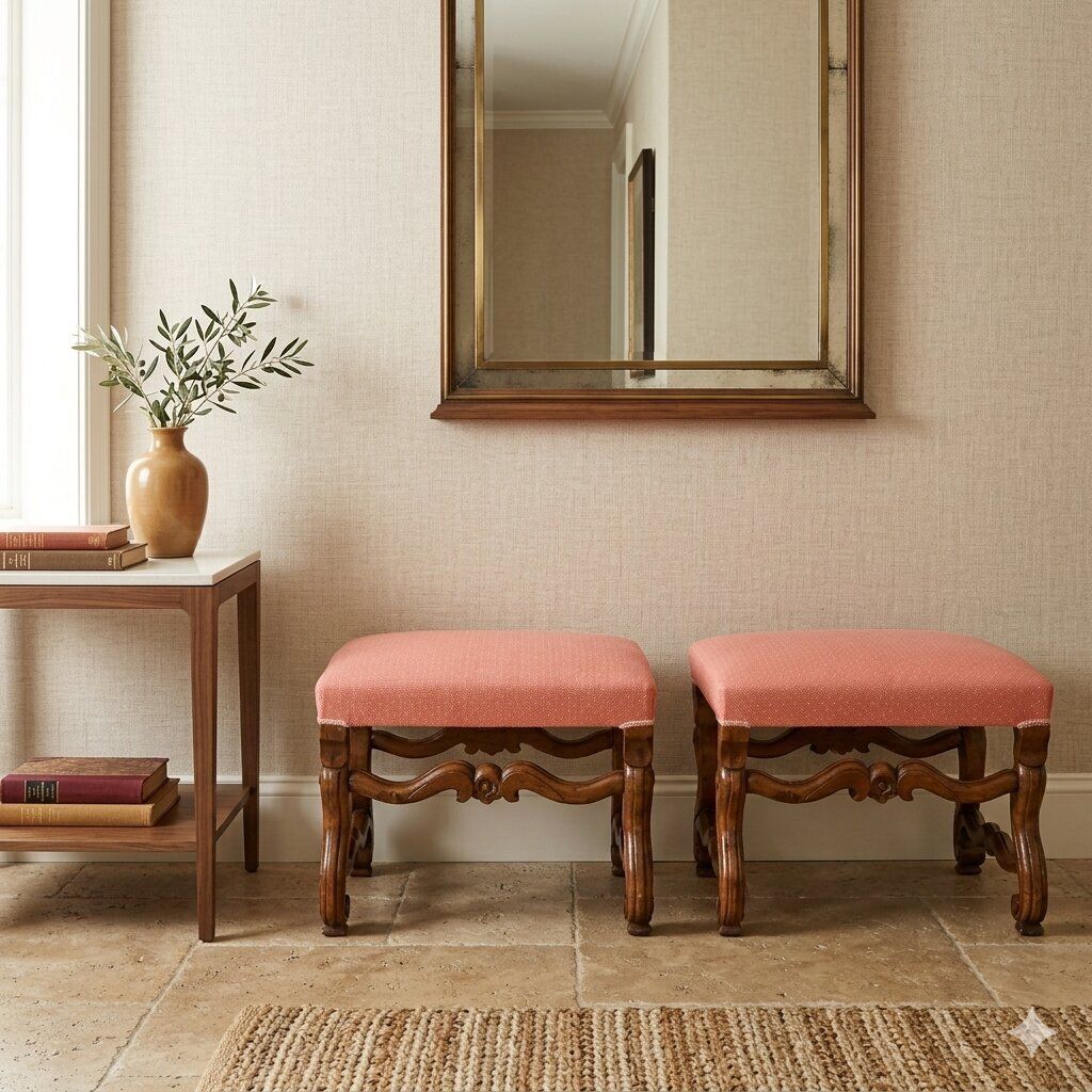 Baroque Stools Carved Walnut Fabric Italy XVIII Century photo furniture