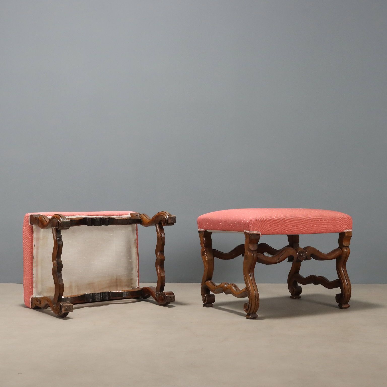 Baroque Stools Carved Walnut Fabric Italy XVIII Century photo vintage
