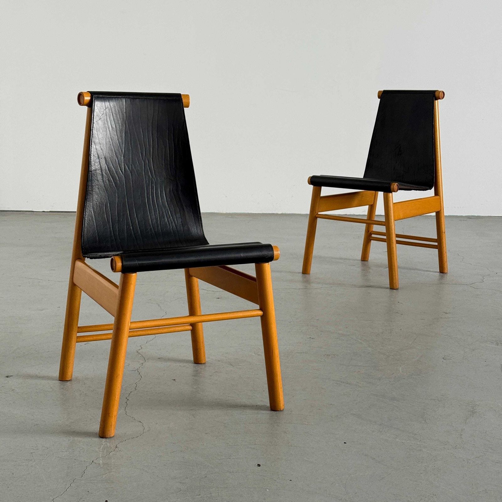 Pair Of Italian Sculptural Mid Century Modern Dining Chairs, Black Leather And Wood, Italy 1970s photo furniture