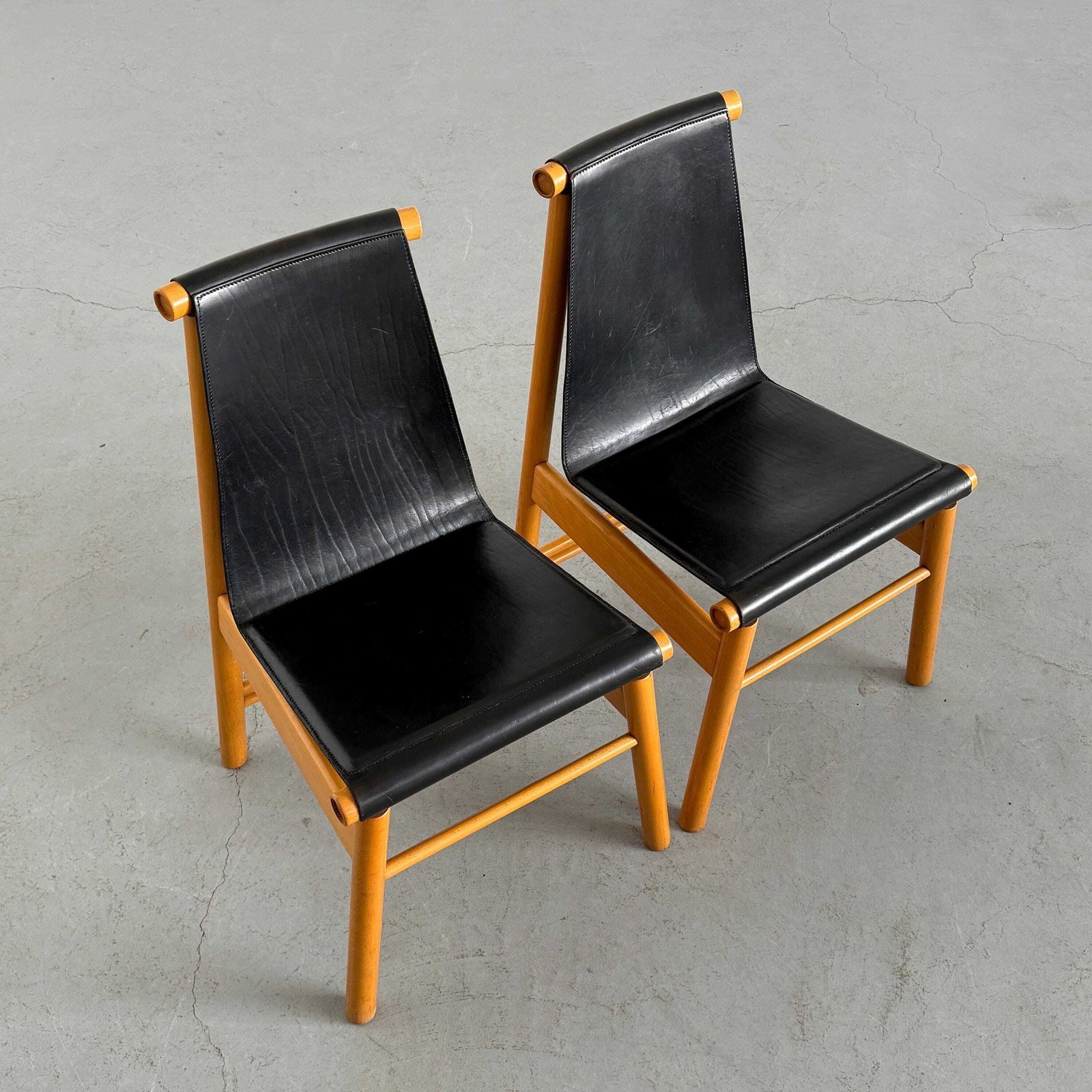 Pair Of Italian Sculptural Mid Century Modern Dining Chairs, Black Leather And Wood, Italy 1970s photo for sale