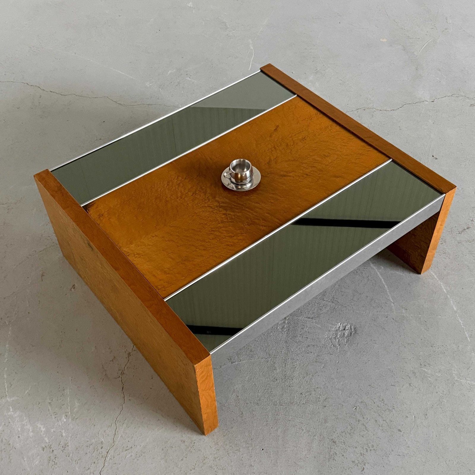 Italian Modernist Burlwood Mirrored Coffee Table, 1970s photo for sale
