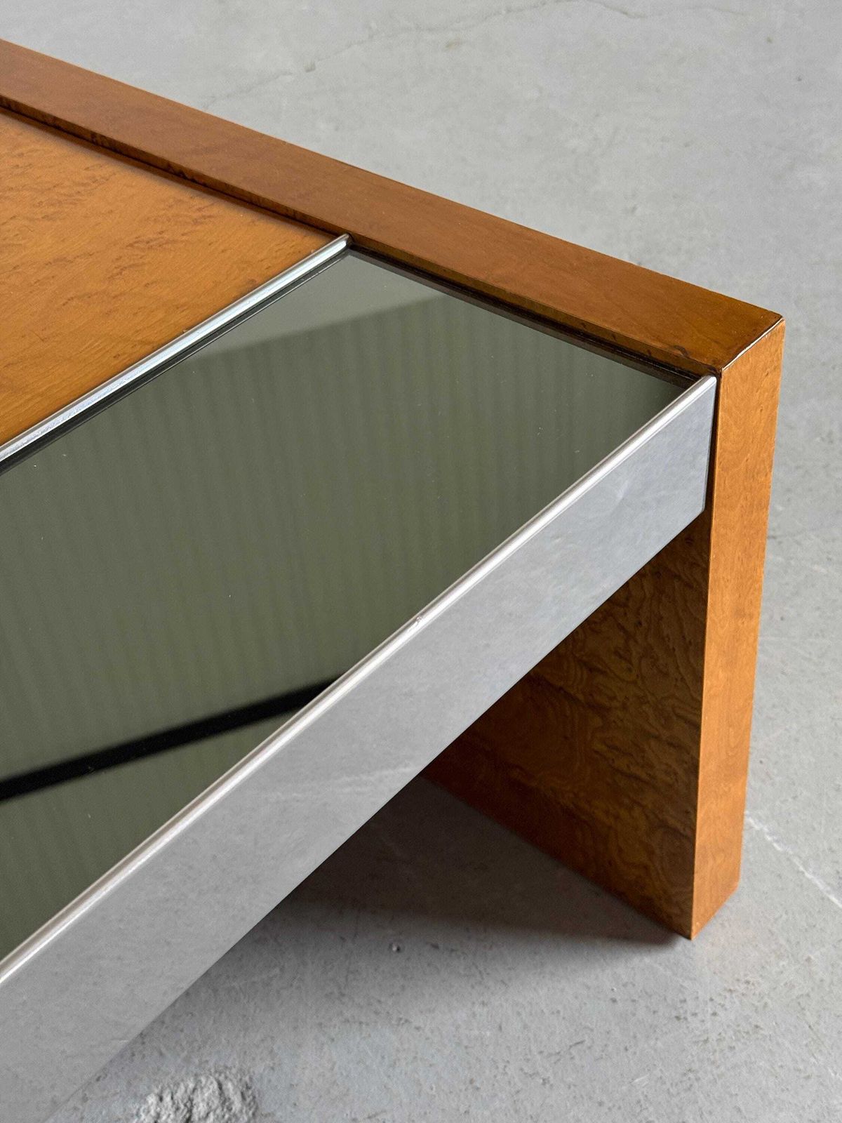 photo furniture Italian Modernist Burlwood Mirrored Coffee Table, 1970s
