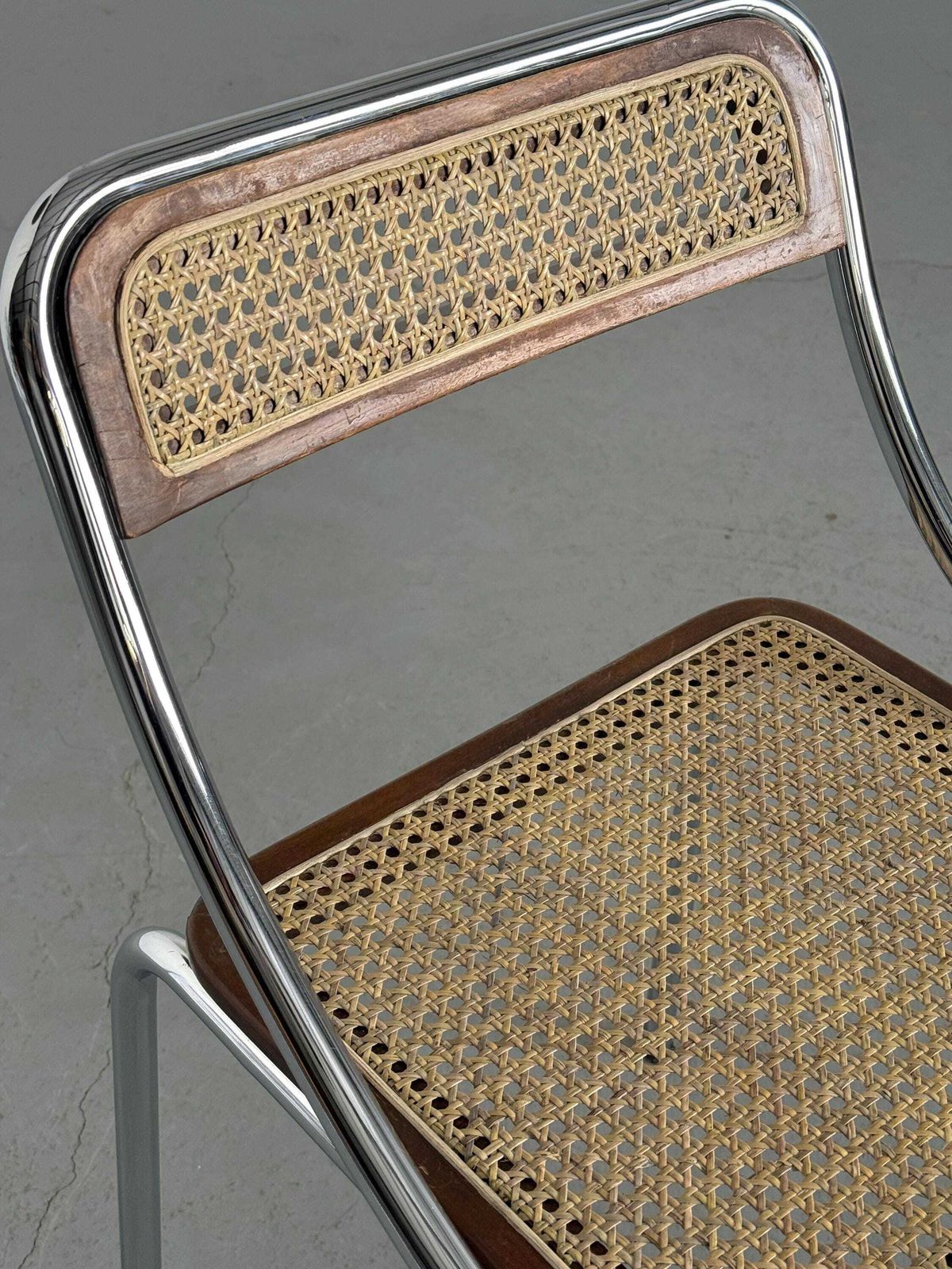 Dining Chair In Wood, Wickered Cane And Chrome, Mid Century Modern, 1970s Italy photo vinterior