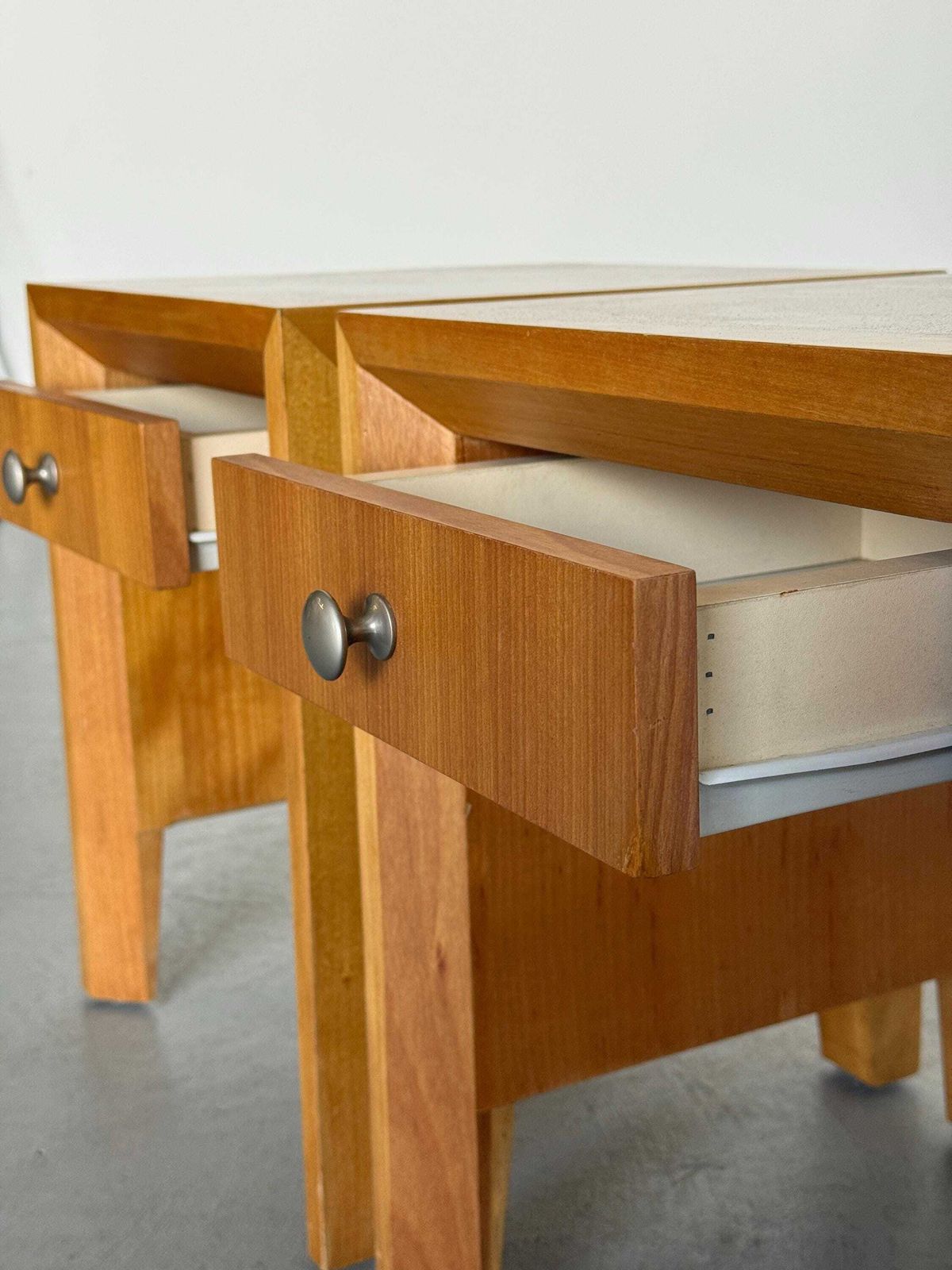 photo for sale Pair Of Modernist Geometric Wood Bedside Tables, 1980s