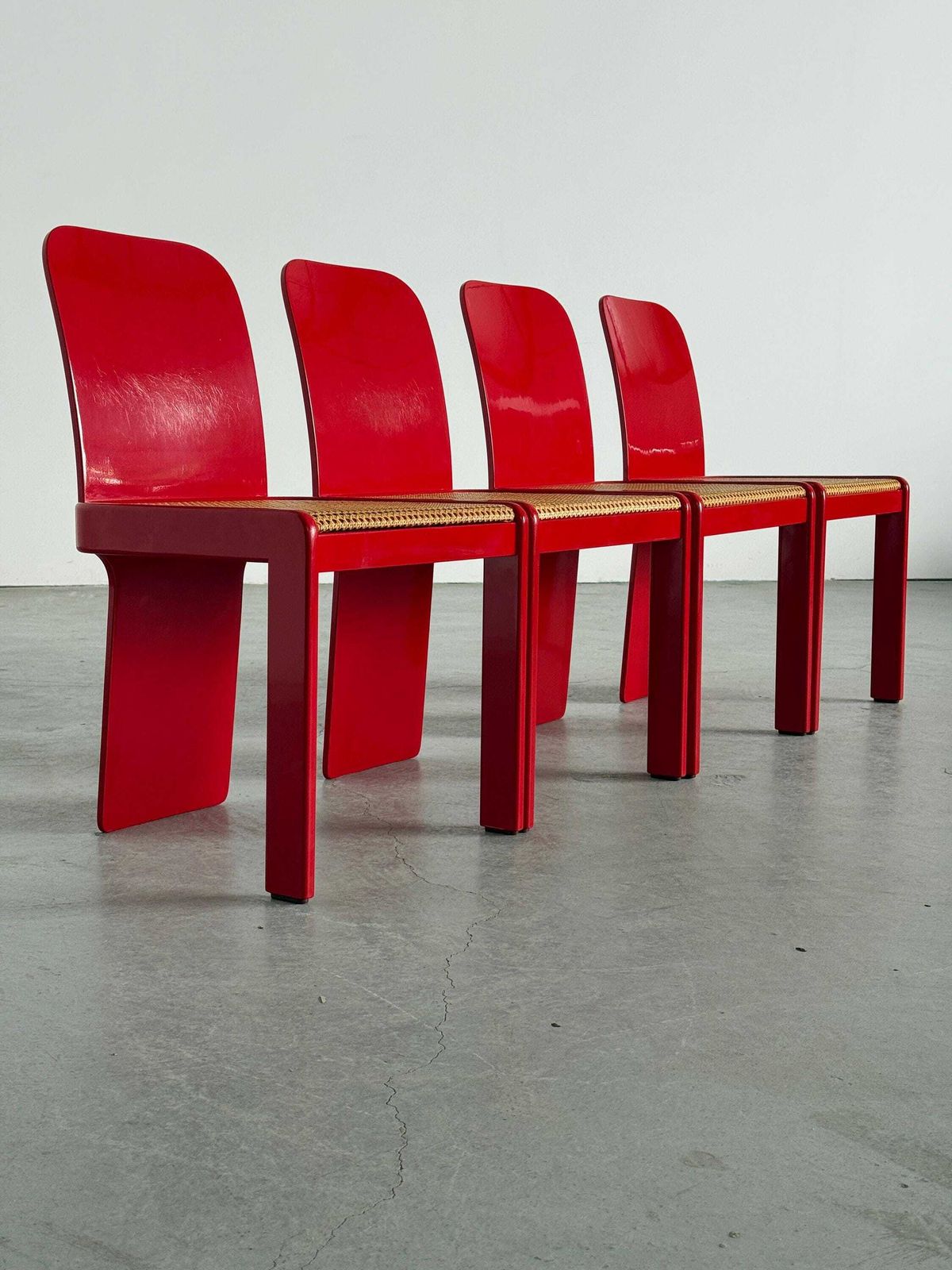 Set Of 4 Elegant Italian Mid Century Chairs By Pierluigi Molinari For Pozzi Milano, Red Lacquered Wood And Cane, 1970s photo 2262.0