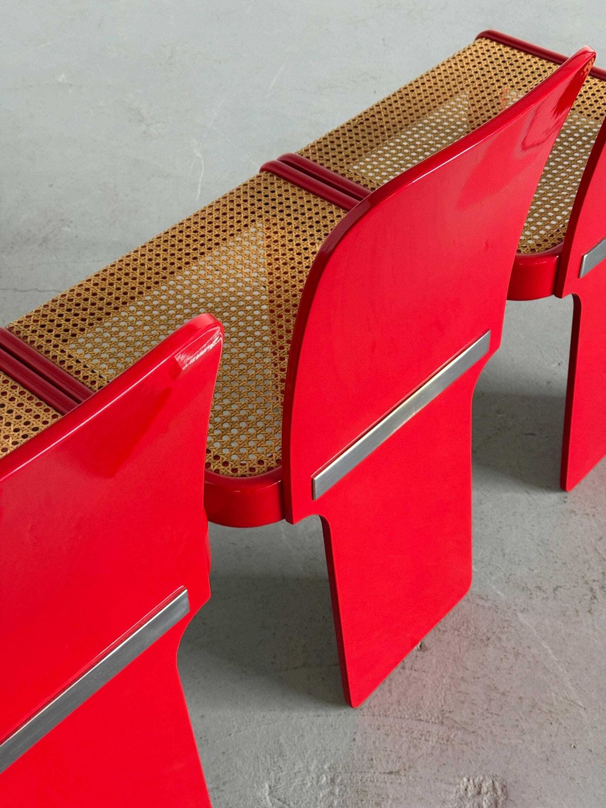 Set Of 4 Elegant Italian Mid Century Chairs By Pierluigi Molinari For Pozzi Milano, Red Lacquered Wood And Cane, 1970s photo vinterior