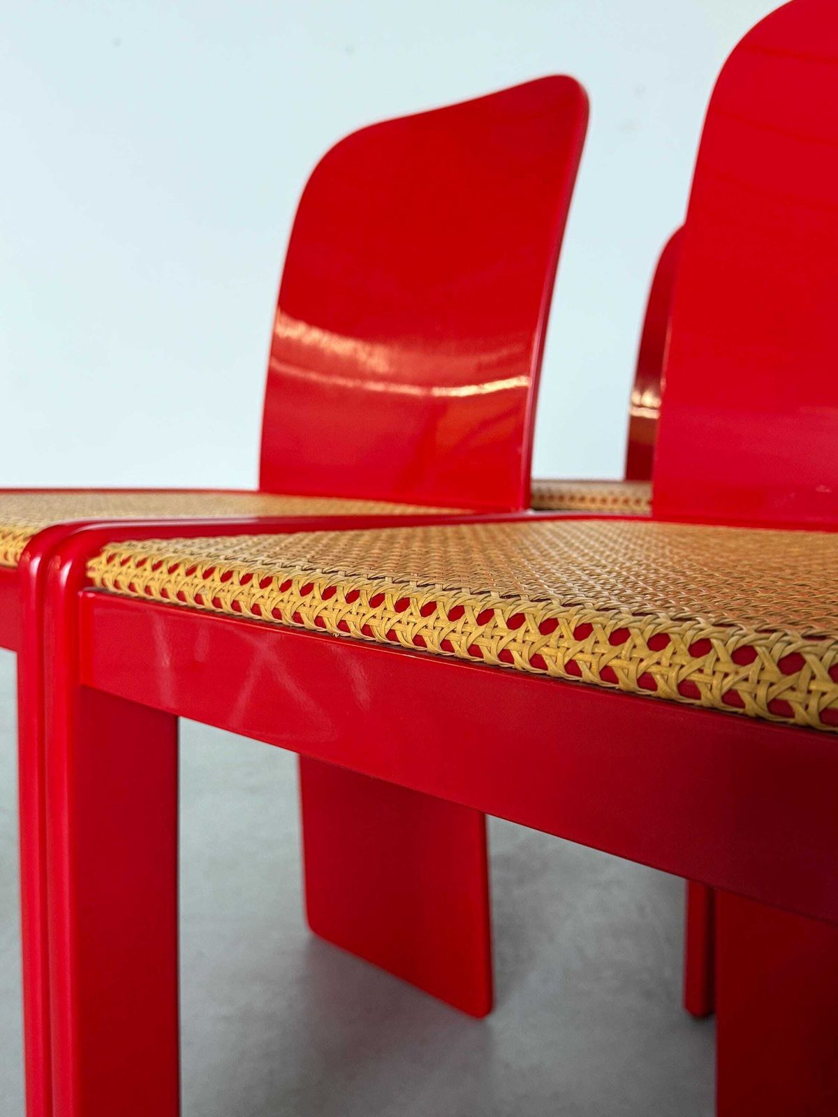 photo furniture Set Of 4 Elegant Italian Mid Century Chairs By Pierluigi Molinari For Pozzi Milano, Red Lacquered Wood And Cane, 1970s