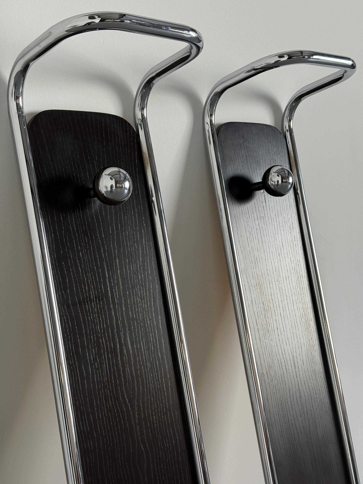 Mid Century Modern Wall Mounted Coat Rack In Wood And Chrome, Italy 1970s photo vinterior