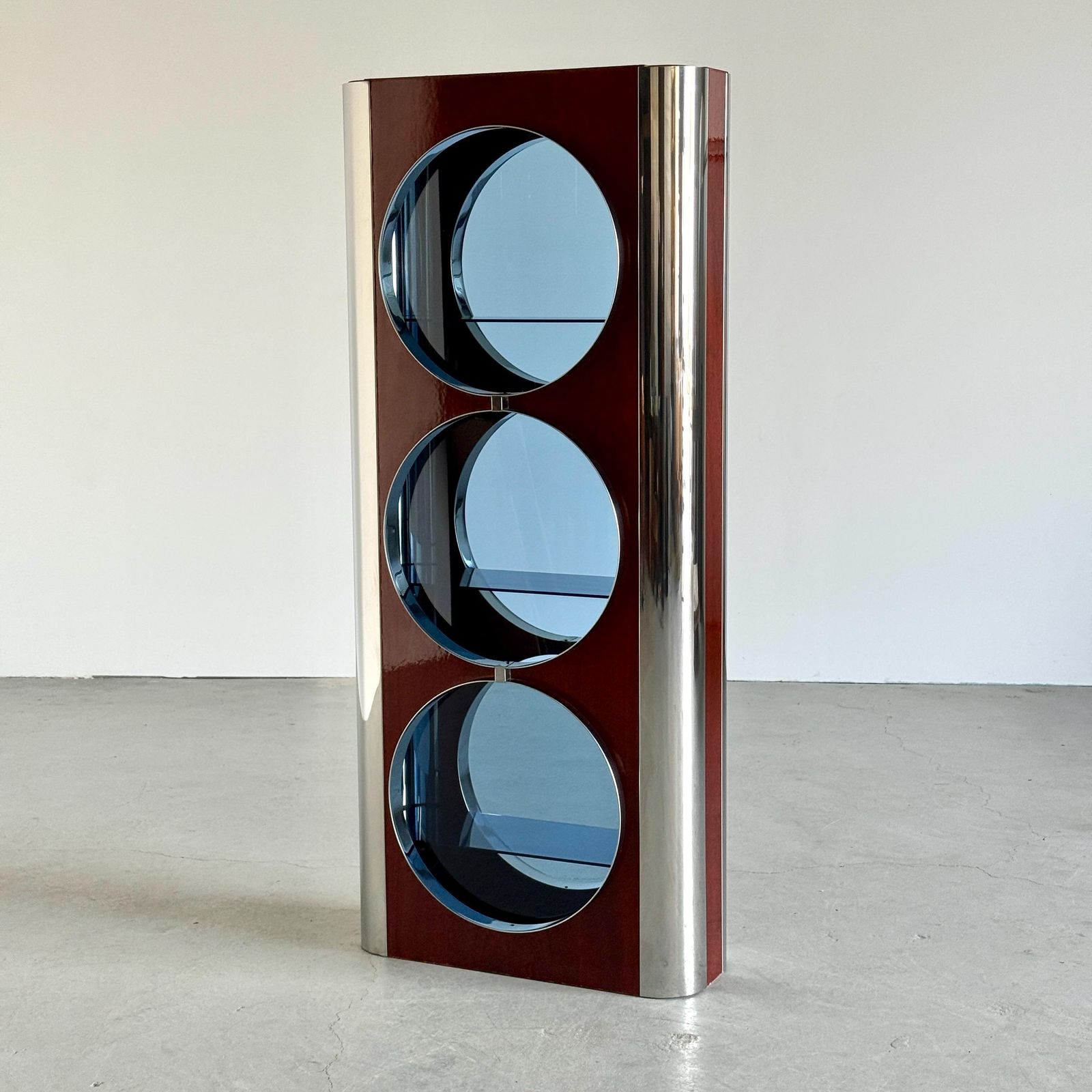 Italian Mid Century Showcase Bar Attributed To Willy Rizzo In Chrome, Blue Smoked Glass And Mahogany Veneer, 1980s photo furniture