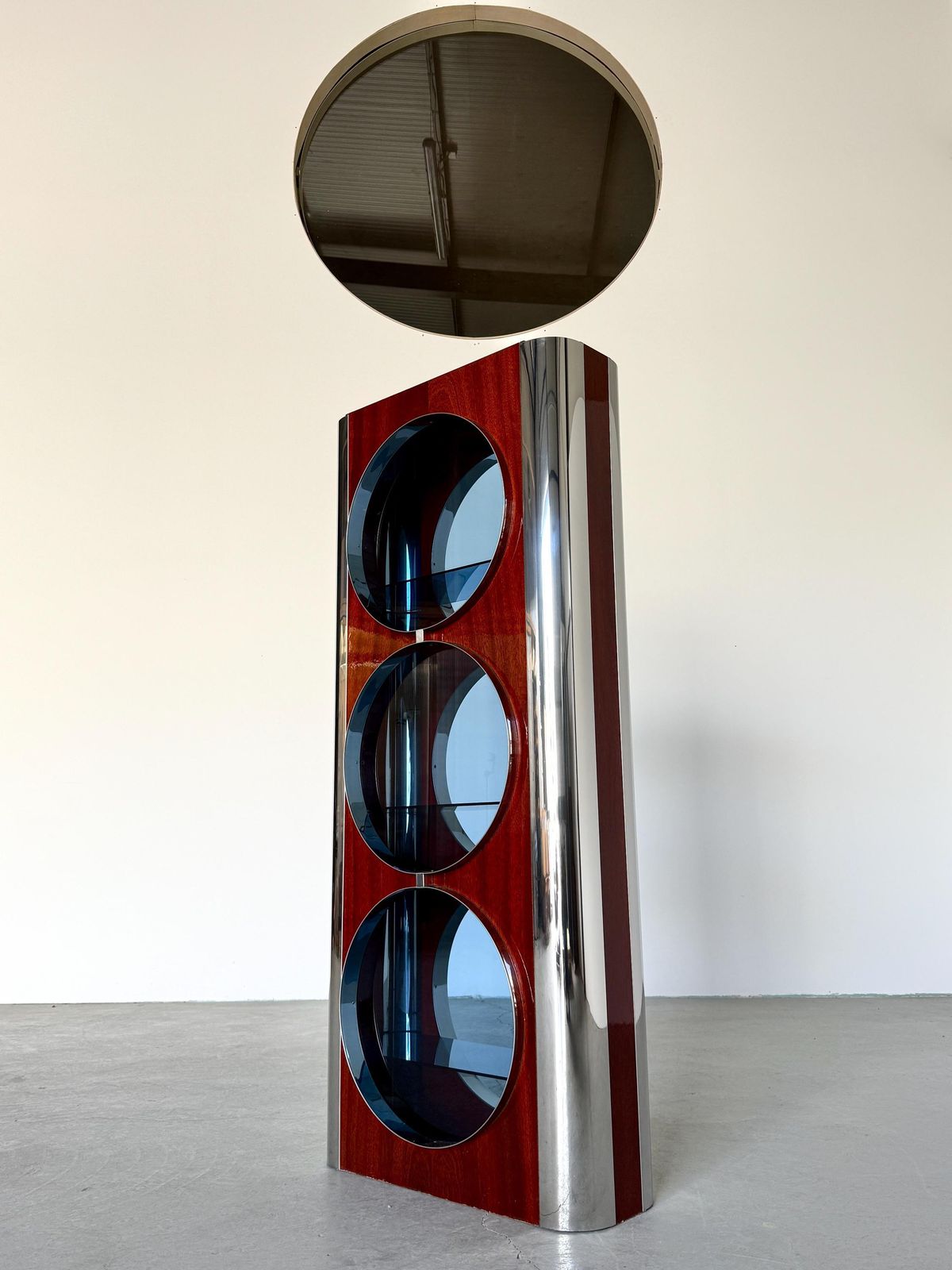 Italian Mid Century Showcase Bar Attributed To Willy Rizzo In Chrome, Blue Smoked Glass And Mahogany Veneer, 1980s photo vintage