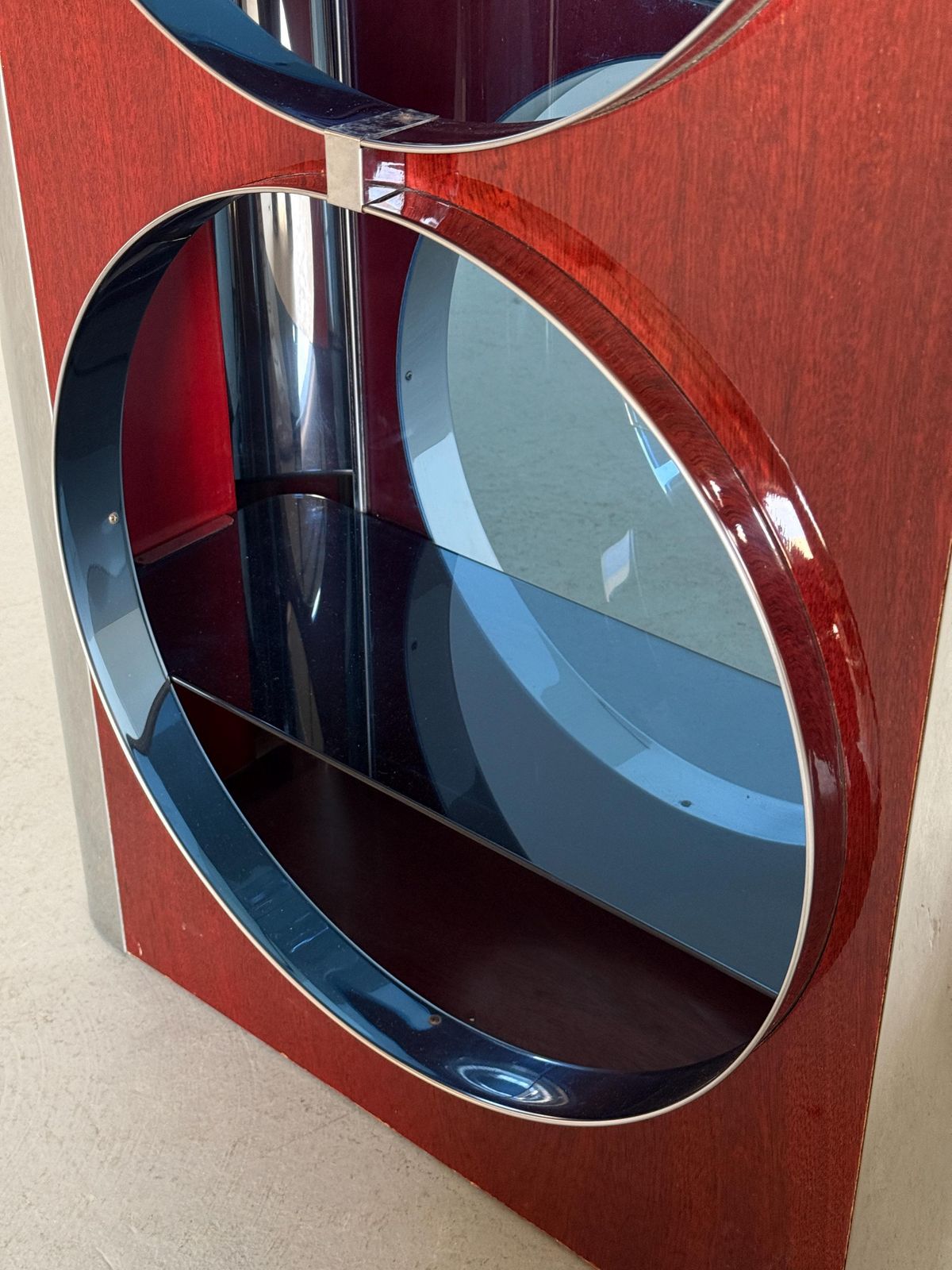 Furniture Italian Mid Century Showcase Bar Attributed To Willy Rizzo In Chrome, Blue Smoked Glass And Mahogany Veneer, 1980s photo