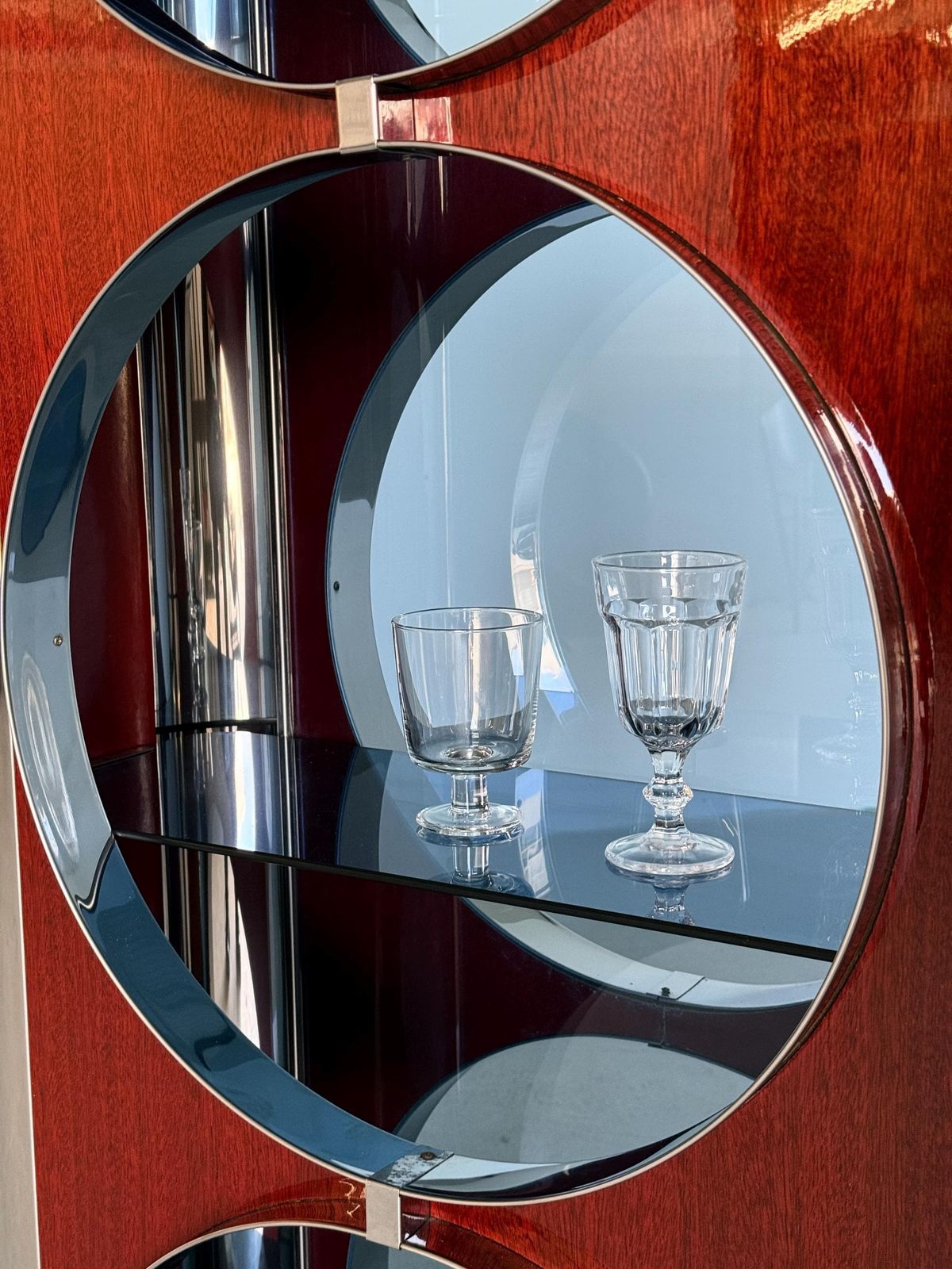 photo buy Italian Mid Century Showcase Bar Attributed To Willy Rizzo In Chrome, Blue Smoked Glass And Mahogany Veneer, 1980s