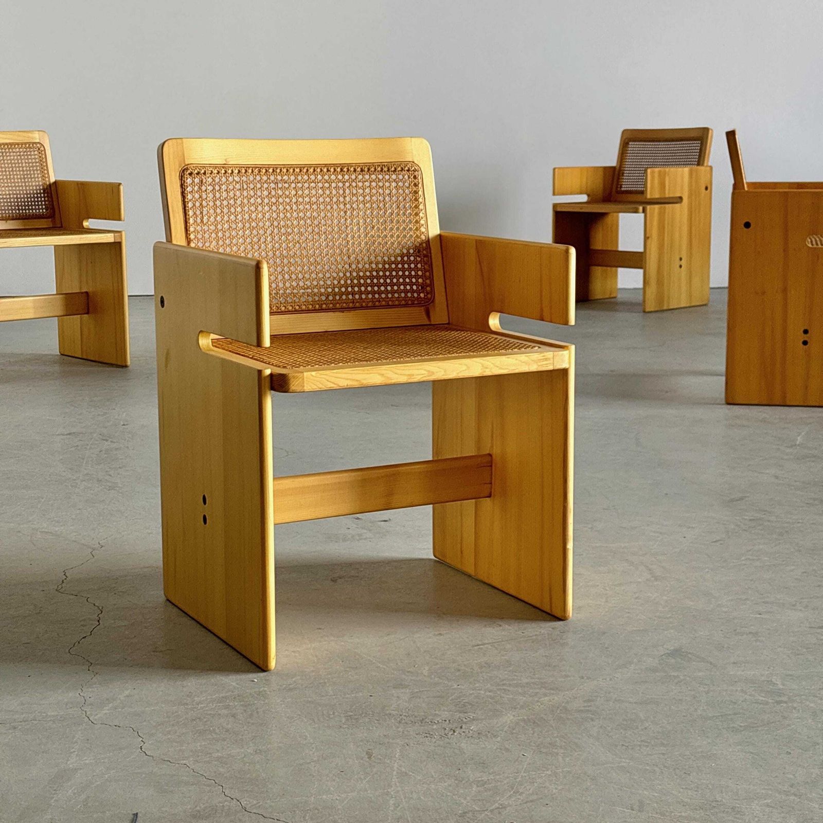1 Of 4 French Postmodern Armchairs In Pinewood And Cane photo for sale