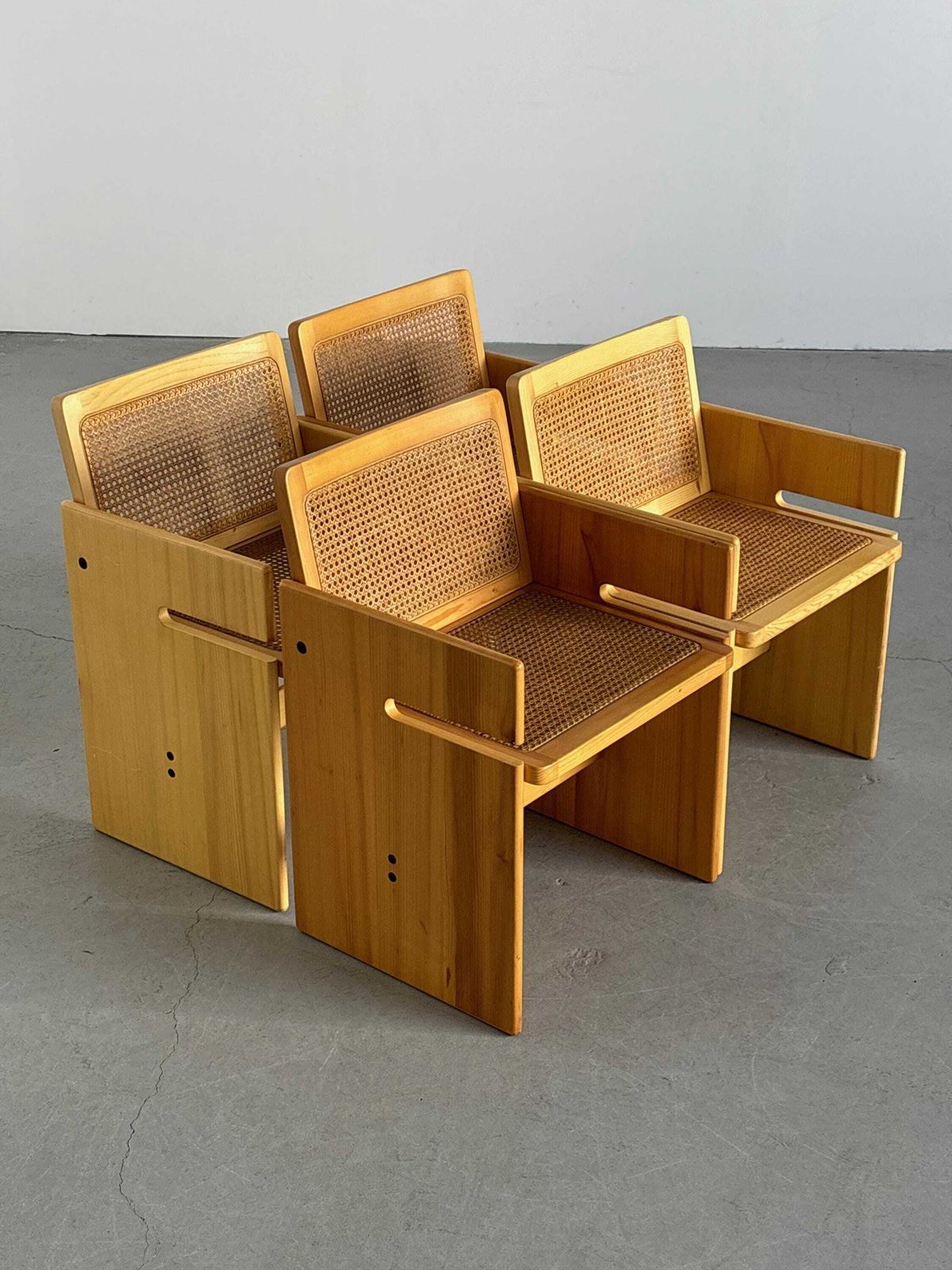 1 Of 4 French Postmodern Armchairs In Pinewood And Cane photo buy