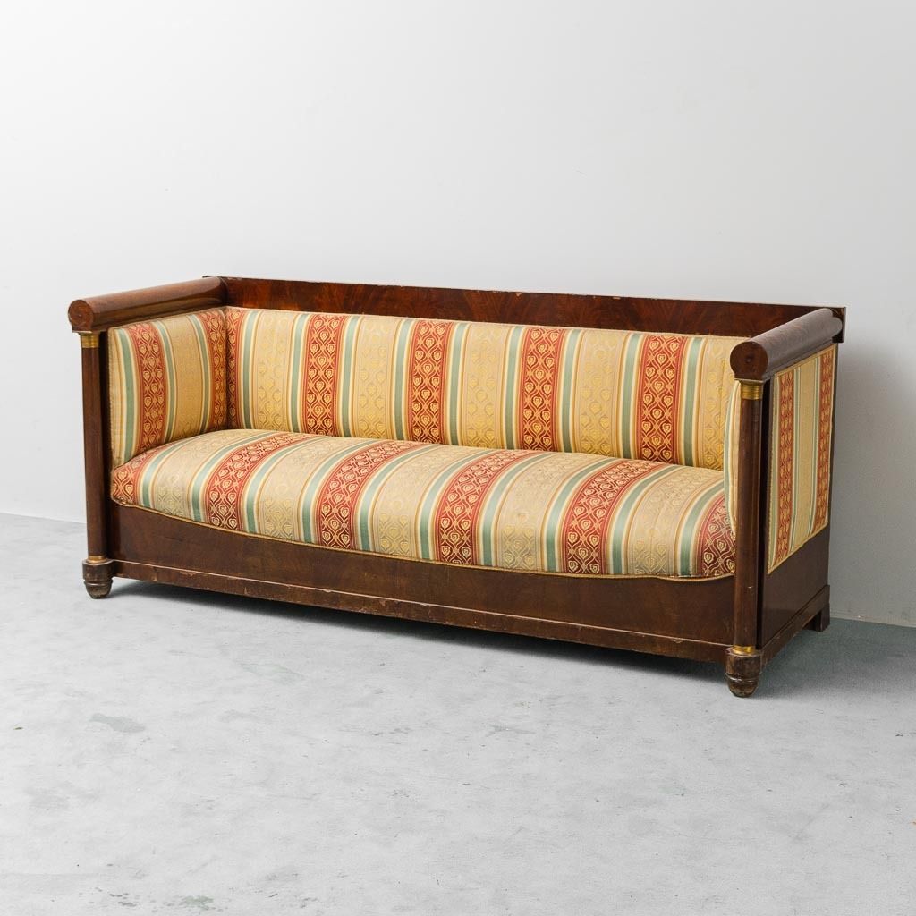 3 Seater Vintage Wooden Sofa With Striped Fabric From The 1950s, Classic And Elegant