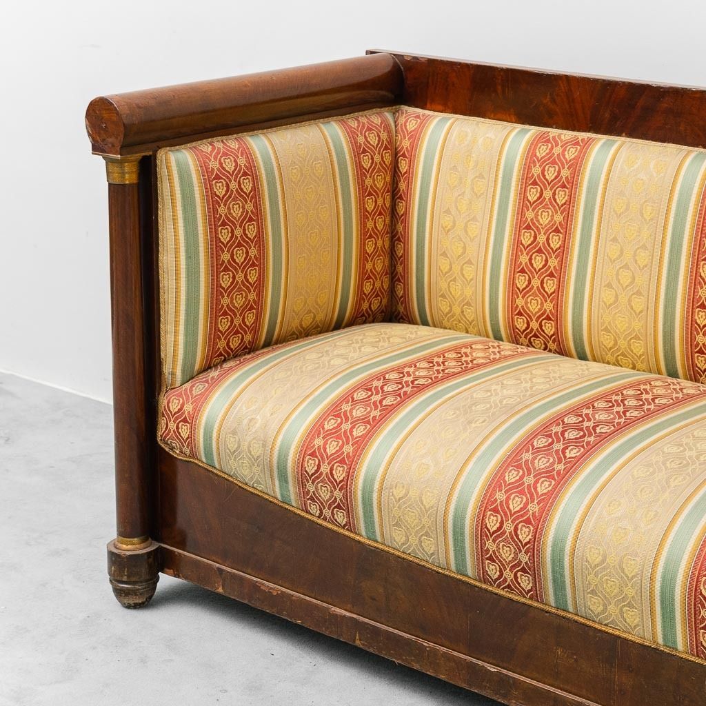 3 Seater Vintage Wooden Sofa With Striped Fabric From The 1950s, Classic And Elegant photo furniture