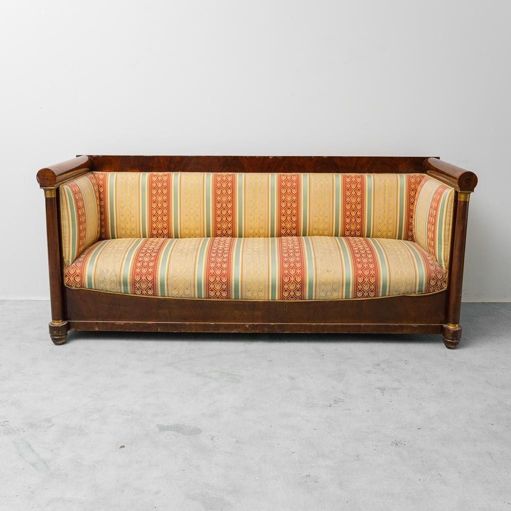 3 Seater Vintage Wooden Sofa With Striped Fabric From The 1950s, Classic And Elegant photo for sale