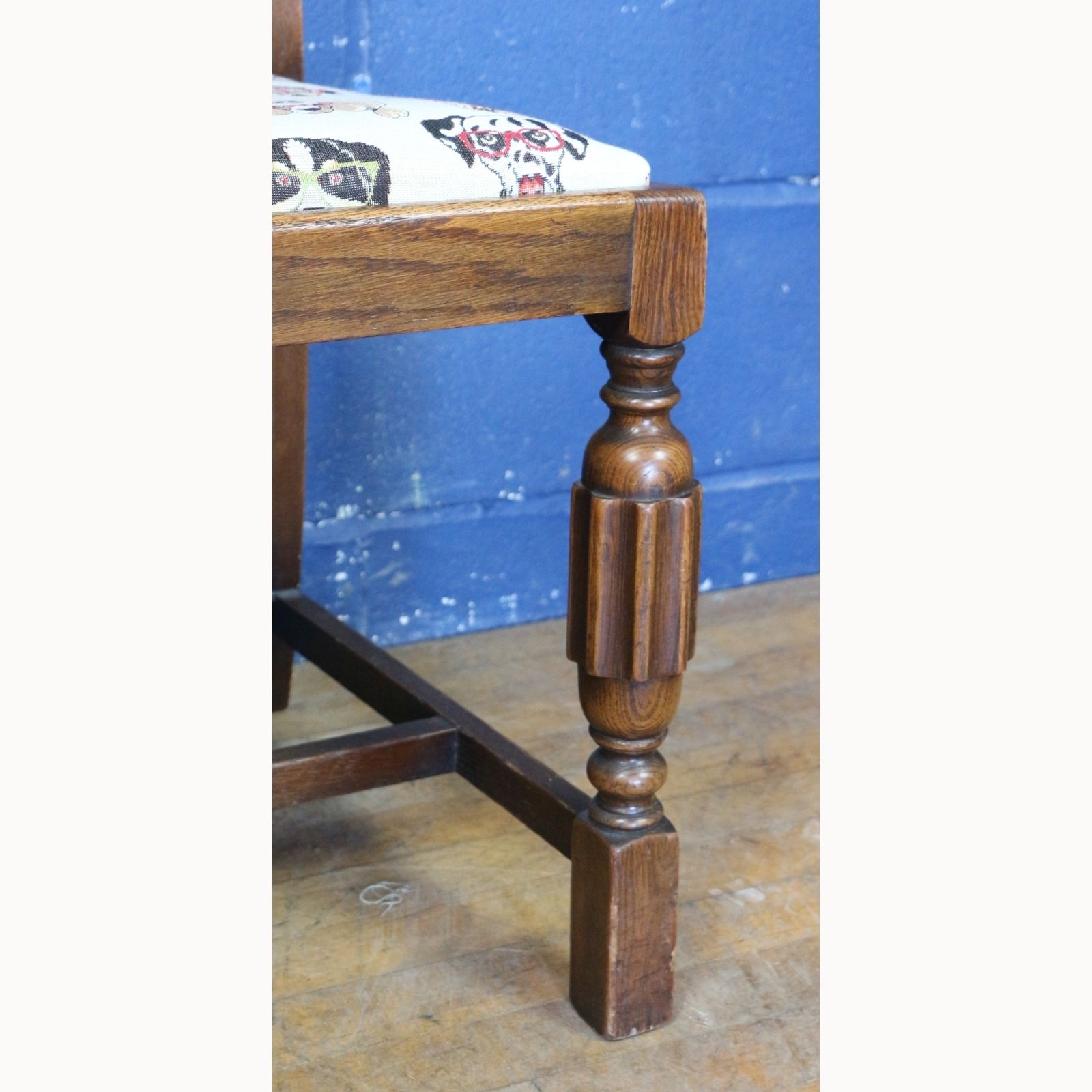 A Set Of Four 1950s Carved Oak Dining Chairs Freshly Reupholstered With Stylised Dog Faces photo 190.0