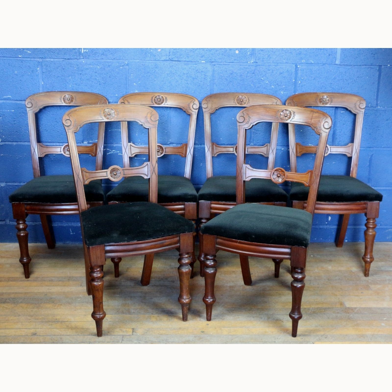 A Set Of Six Victorian Carved Mahogany Balloon Back Dining Chairs Black Velvet Seats