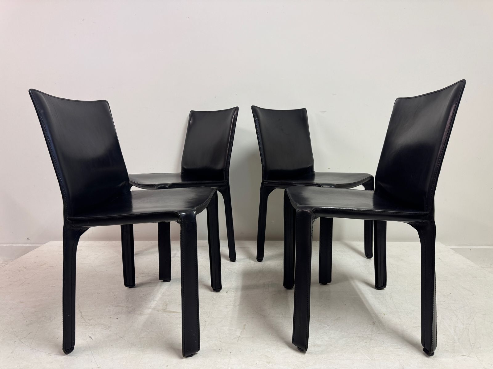 photo for sale Set Of Six Black Leather Cab Dining Chairs By Mario Bellini For Cassina