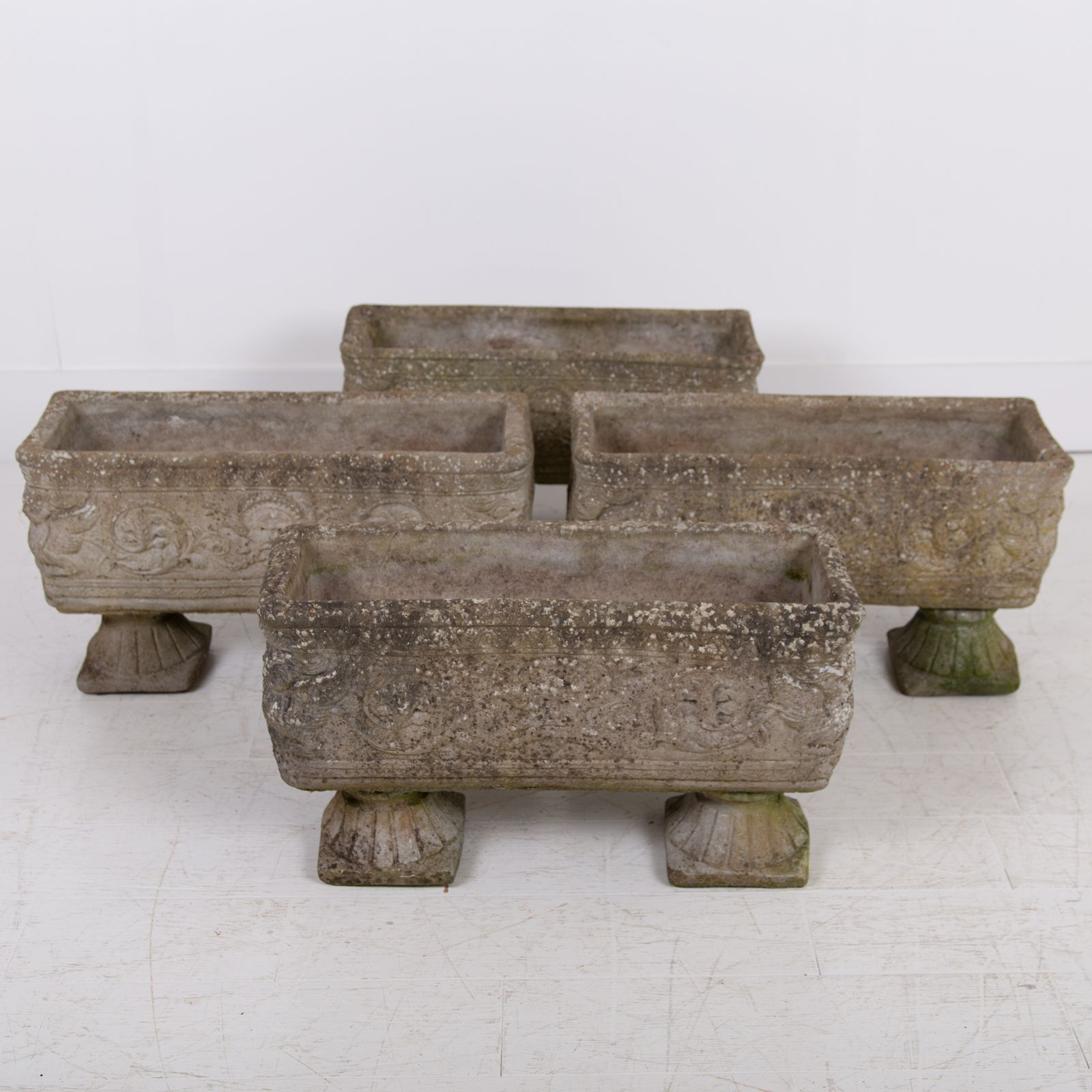 photo for sale 4 Weathered Mid Century Stone Garden Planters On Legs